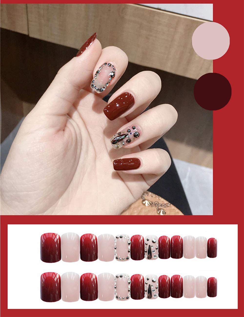 Aimimier 24Pcs Short Square False Nails with Rhinestone Designs - Glue & Sticker Included - Salon Quality Press on Nails for Women & Girls (Style 6) - Perfect for Parties, Weddings & Special Occasions