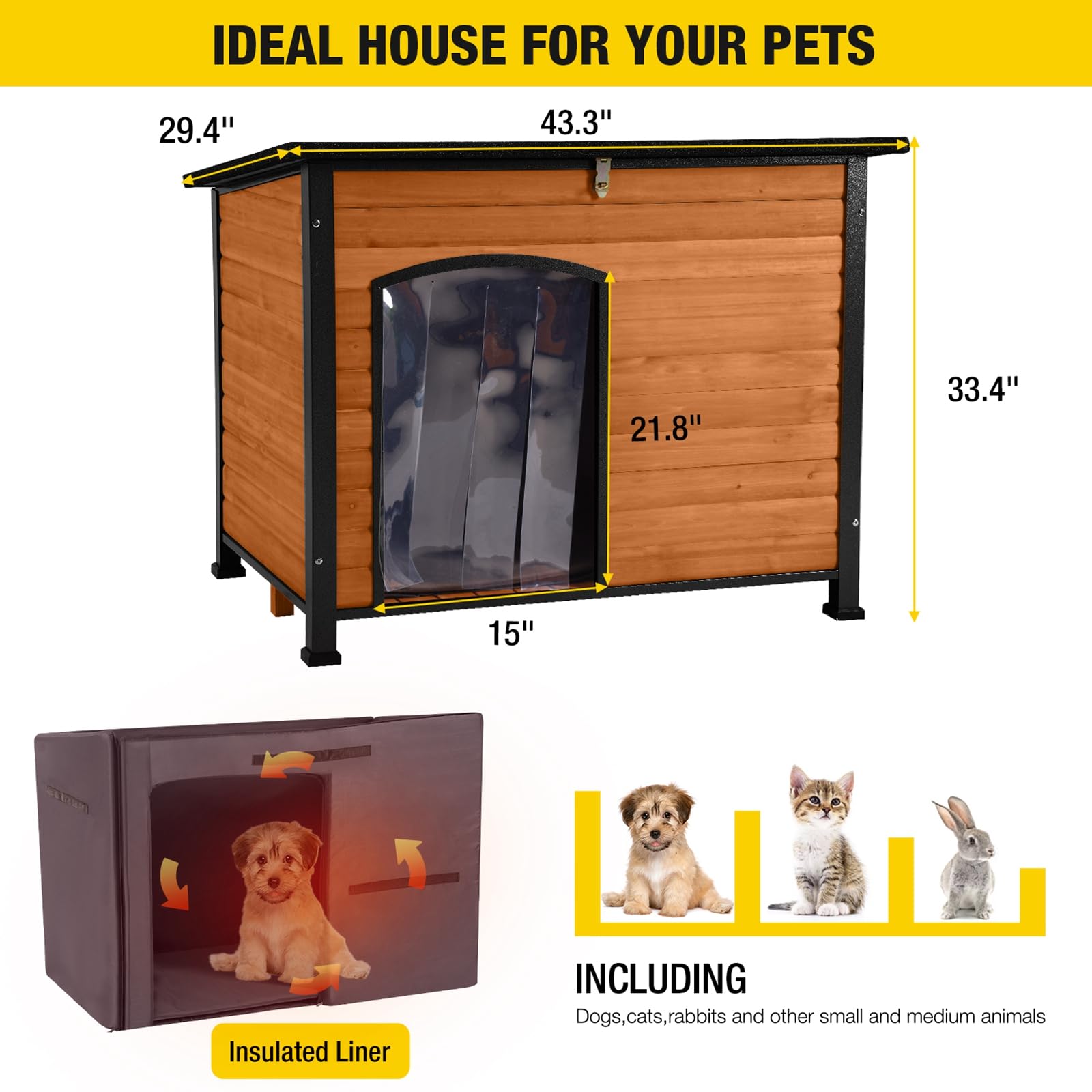 Insulated Outdoor Dog House with Liner - Winter-Proof Wooden Dog Kennel with Sturdy All-Around Iron Frame & Waterproof Design | Perfect for Cold Weather, Backyard, and Pet Safety