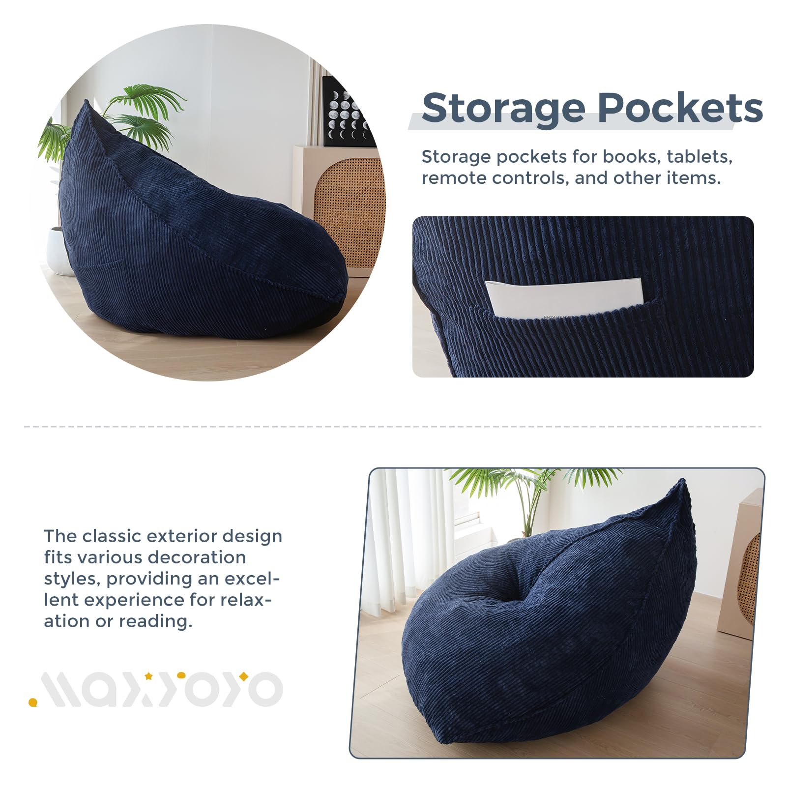 MAXYOYO Corduroy Bean Bag Chair for Adults - Soft & Comfortable Lazy Sofa 43x41x35 Inches with Removable Filler - Navy Blue - Perfect for Living Room, Bedroom, Game Room & Dorm Relaxation