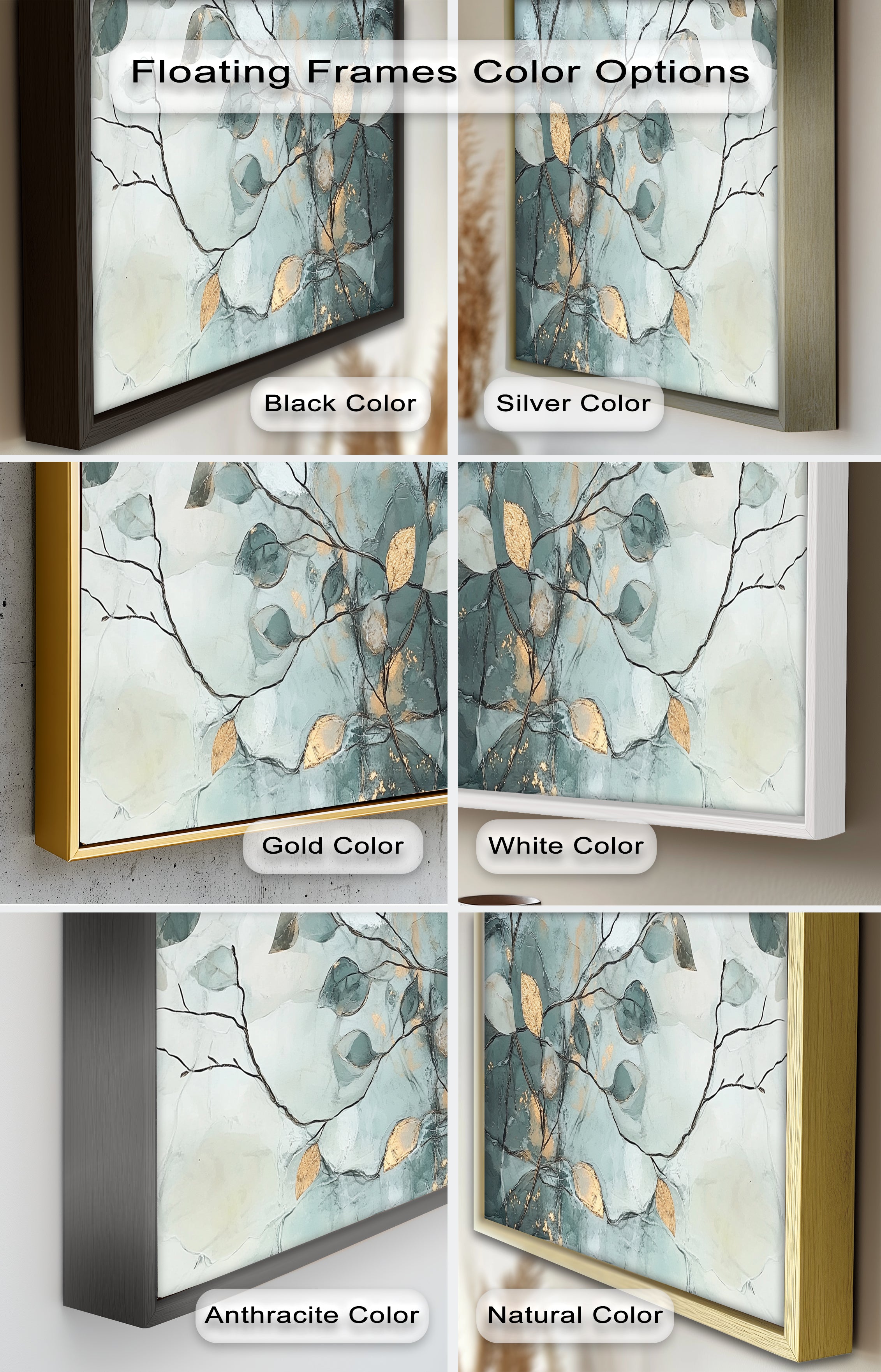 Blue and Metallic Leaf Branch Abstract Oil Painting - Handmade Canvas Wall Art for Living Room, Bedroom & Office Decor