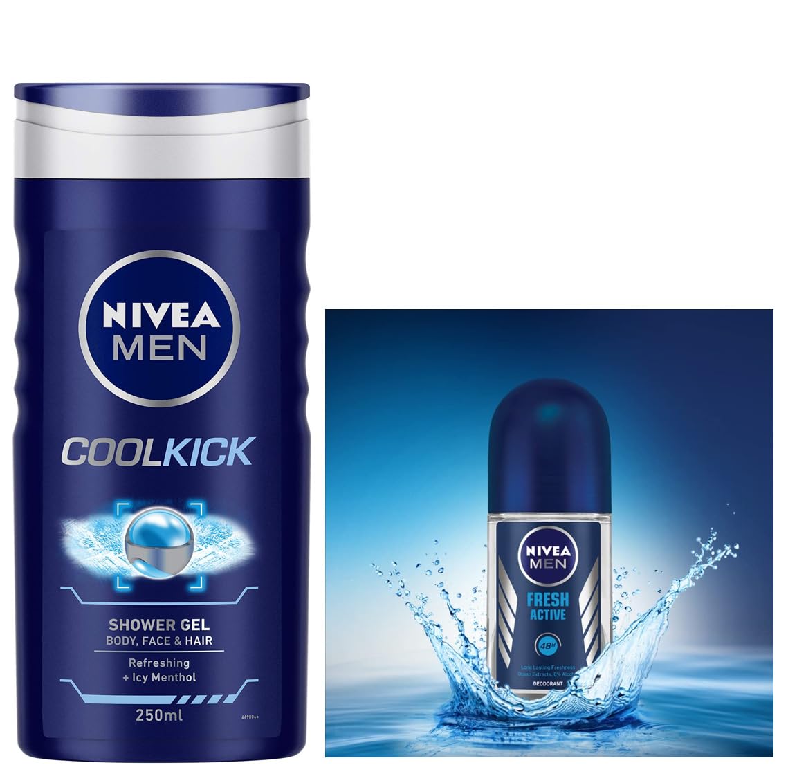 Nivea Fresh Active Roll On Deodorant for Men - 50ml Anti-Perspirant & Cool Kick Body Wash - 250ml Refreshing Icy Menthol Shower Gel for Body, Face & Hair | Gym, Workout & Daily Use