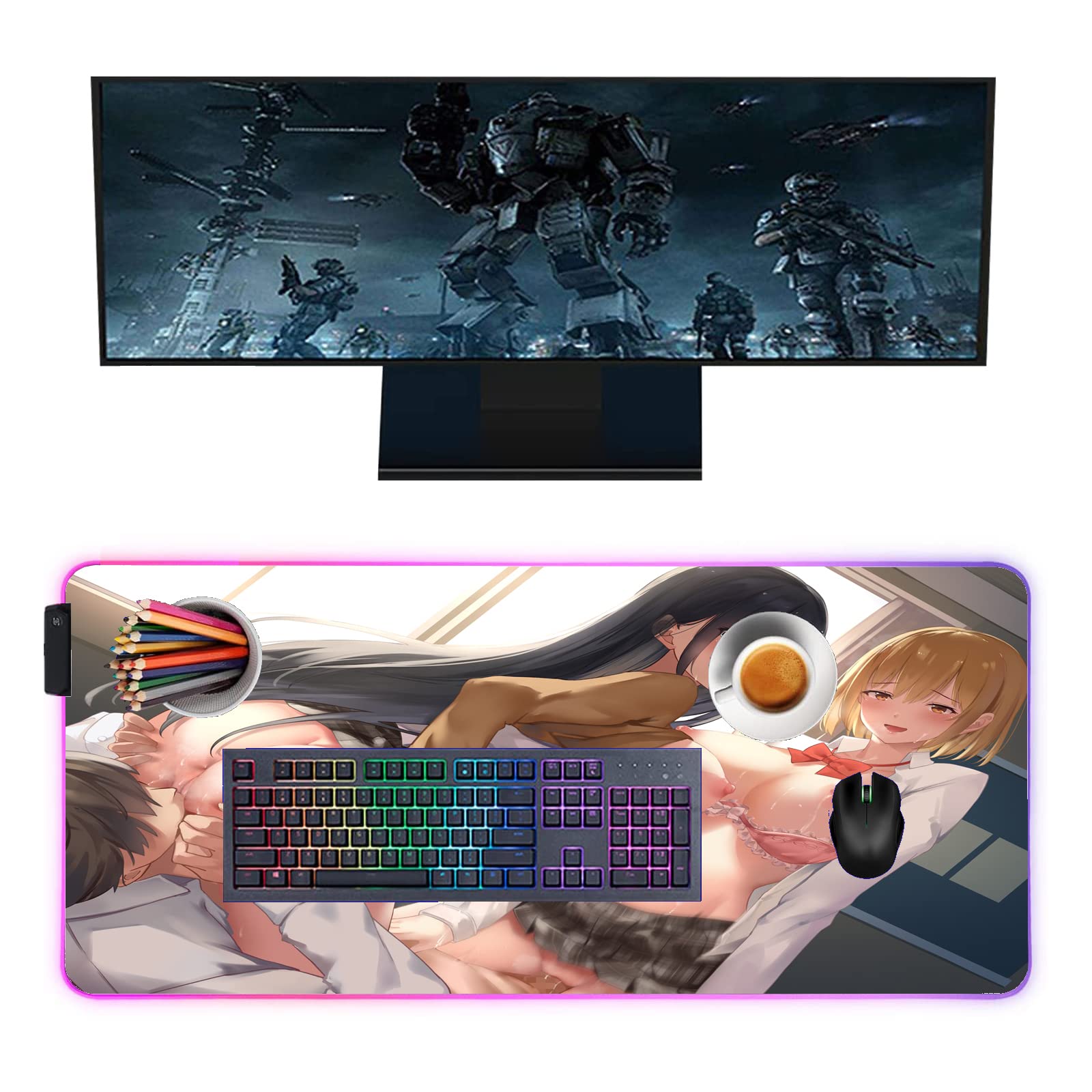 Sexy Anime Girl RGB Gaming Mouse Pad - XXL 39.37 x 19.68 Inch LED Mousepad with Non-Slip Base for PC, Computer & Desk - Perfect for Gaming, Office & Home Use