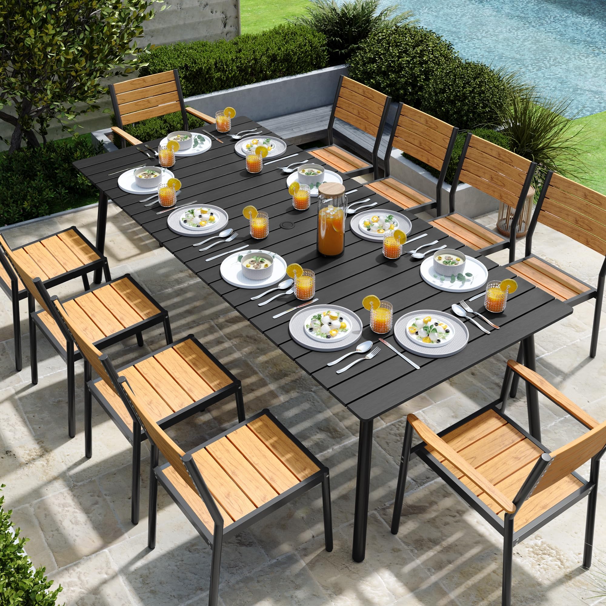 94.5 Inch Outdoor Dining Table - Weather-Resistant Patio Table with Wooden-Like Top & Aluminum Frame, Rectangle Outdoor Furniture with Umbrella Hole (Black) - Perfect for Backyard BBQs, Poolside Gatherings & Garden Parties