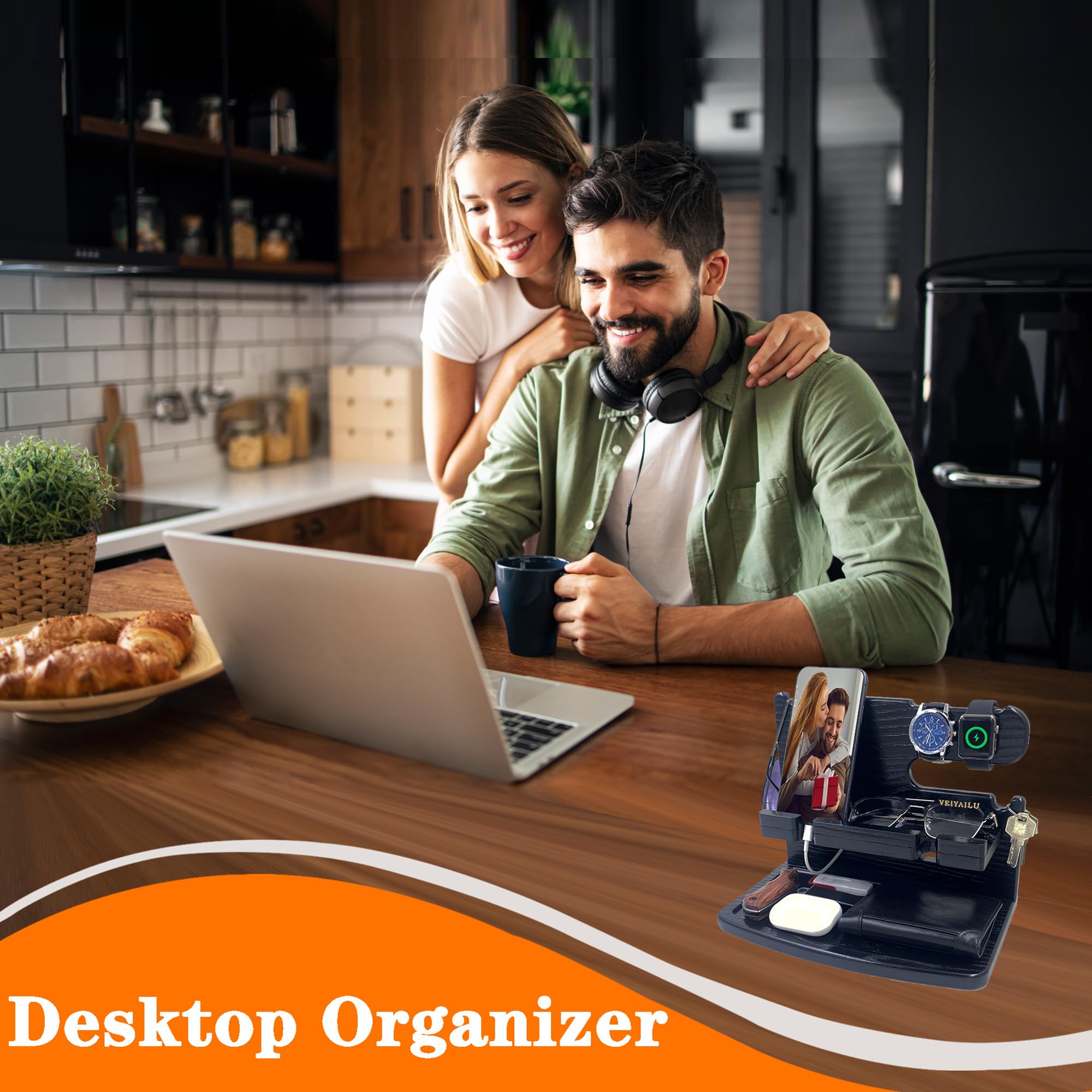 Wooden Nightstand Organizer & Phone Dock Station - Perfect Gift for Men, Dad, Husband, Boyfriend - Birthday, Anniversary, Father's Day Present - Ideal for Bedside, Office, or Travel (Black)