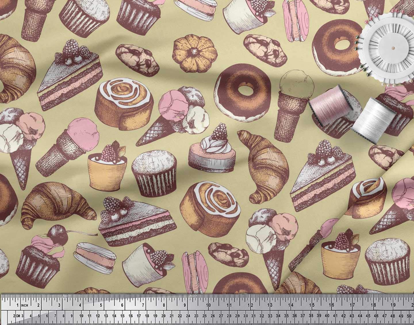 Soimoi Viscose Chiffon Beige Fabric by the Yard - 42 Inch Wide - Cupcake, Donut & Cookies Food Print Fabric for DIY Crafts, Sewing Projects, and Home Decor - Whimsical Printed Fabric for Dresses, Curtains, and Quilting