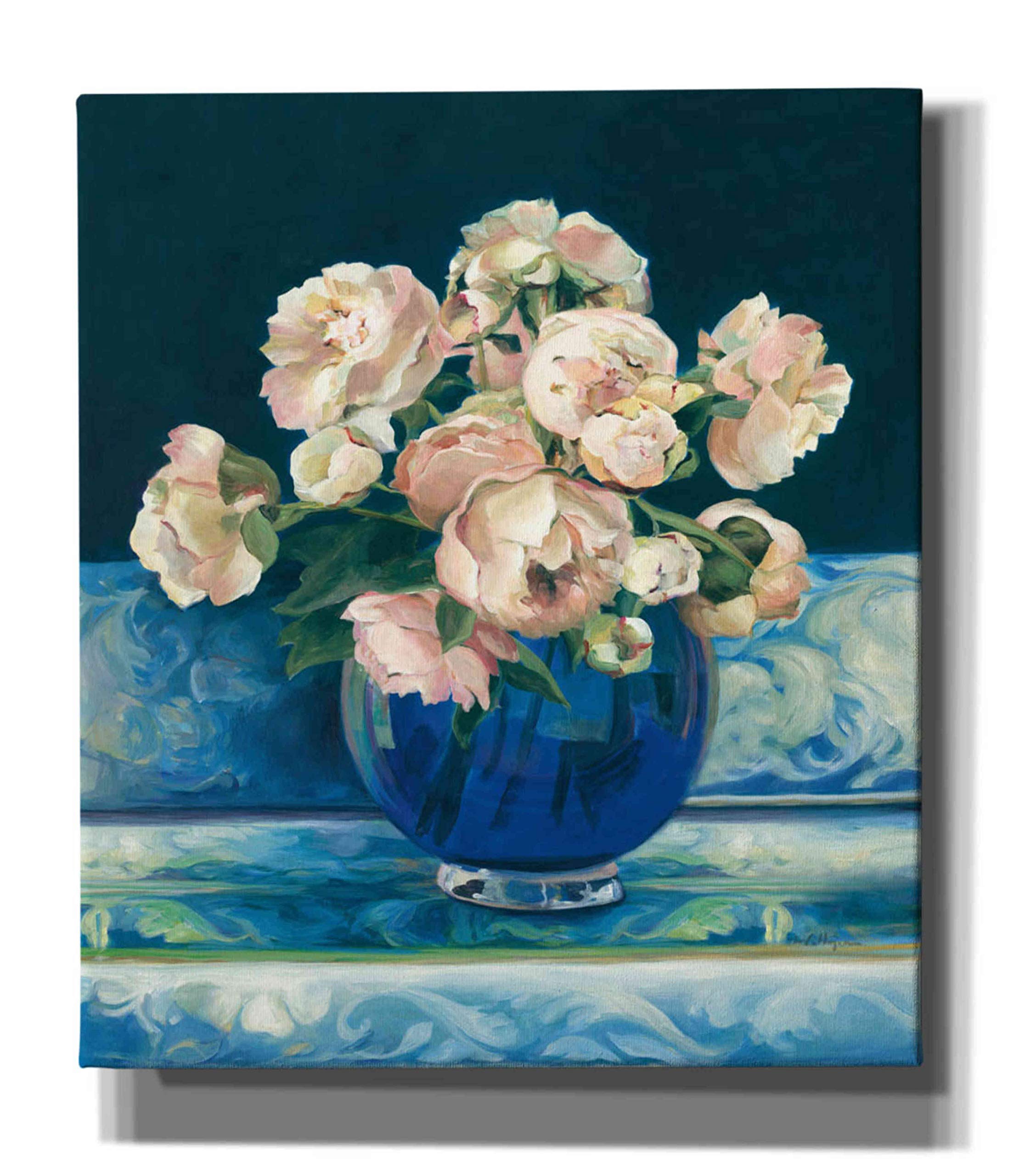 Epic Graffiti 'Peonies in Cobalt Vase No Fruit' by Marilyn Hageman - 26x30 Inch Canvas Wall Art Painting, Modern Home Decor for Living Room, Bedroom & Office