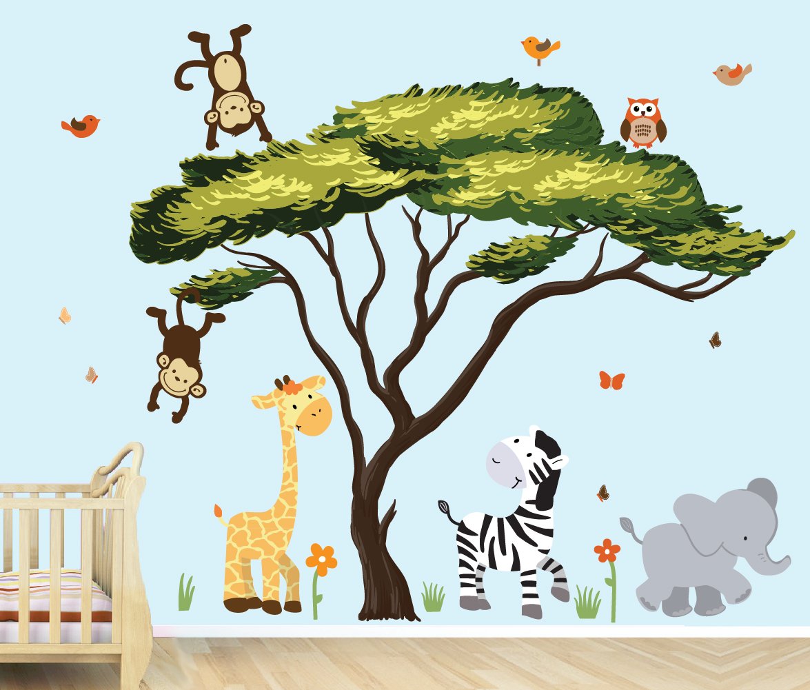African Safari Jungle Tree Wall Decals - Realistic Green Leaf Stickers for Nursery, Kids Room & Home Decor (12-Pack)