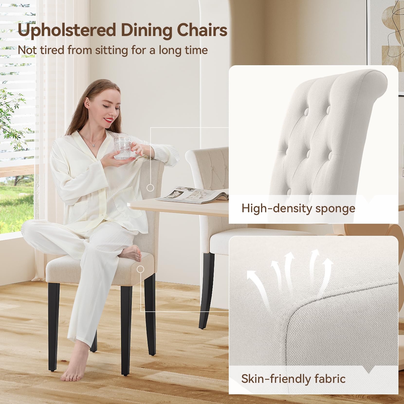 4 Pack Upholstered Dining Chairs Set - Button Tufted Parsons Chairs with Solid Wood Legs, Modern Fabric Side Chairs for Restaurant Kitchen Dining Room Hotel - White - Perfect for Home Dining, Office Conference, and Wedding Events