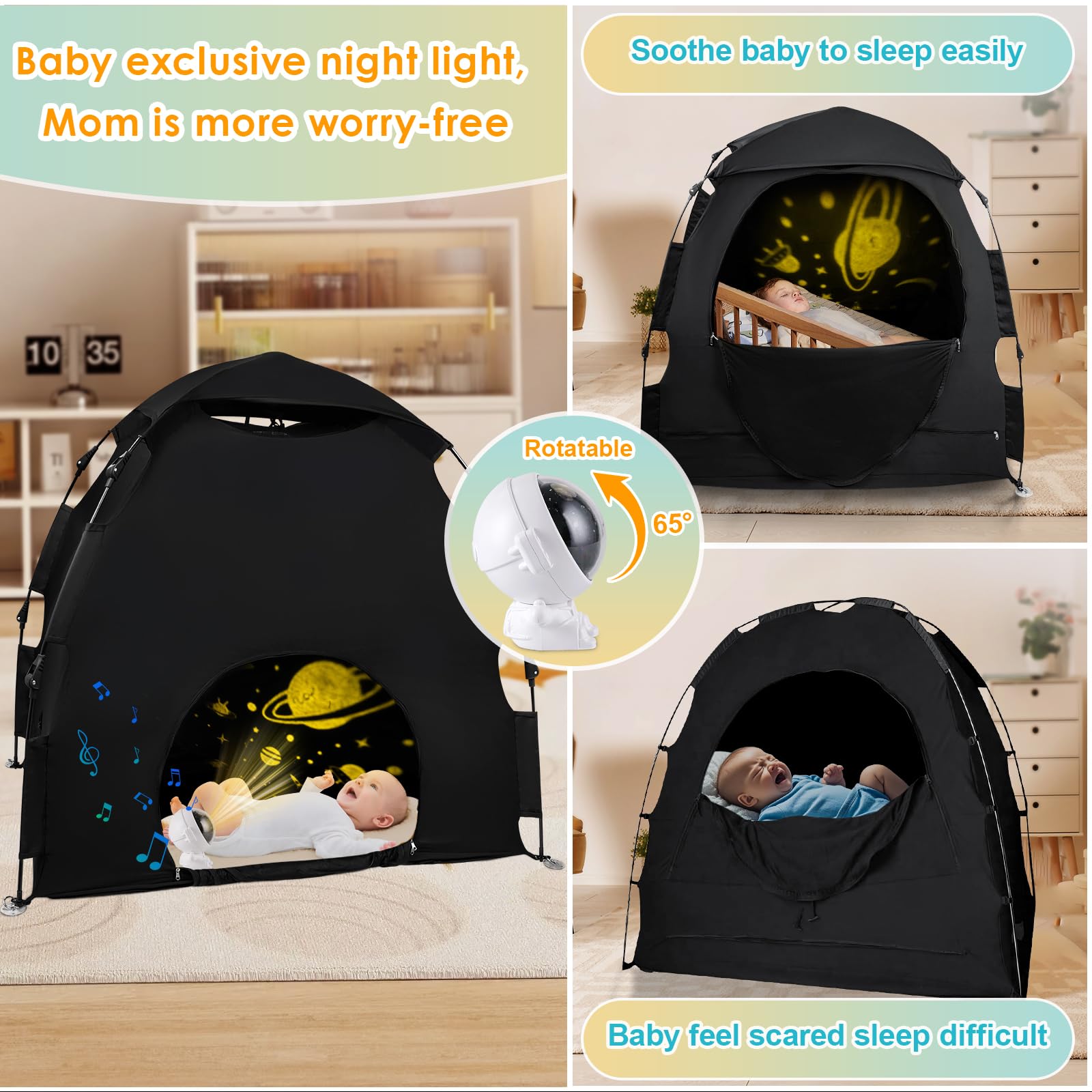 Blackout Tent for Pack N Play - Baby Sleep Tent with Star Projector, Breathable Mini Crib Cover for Kids & Toddlers | Blocks 98% Light, One-Click Setup | Perfect for Travel, Camping & Nursery Naps