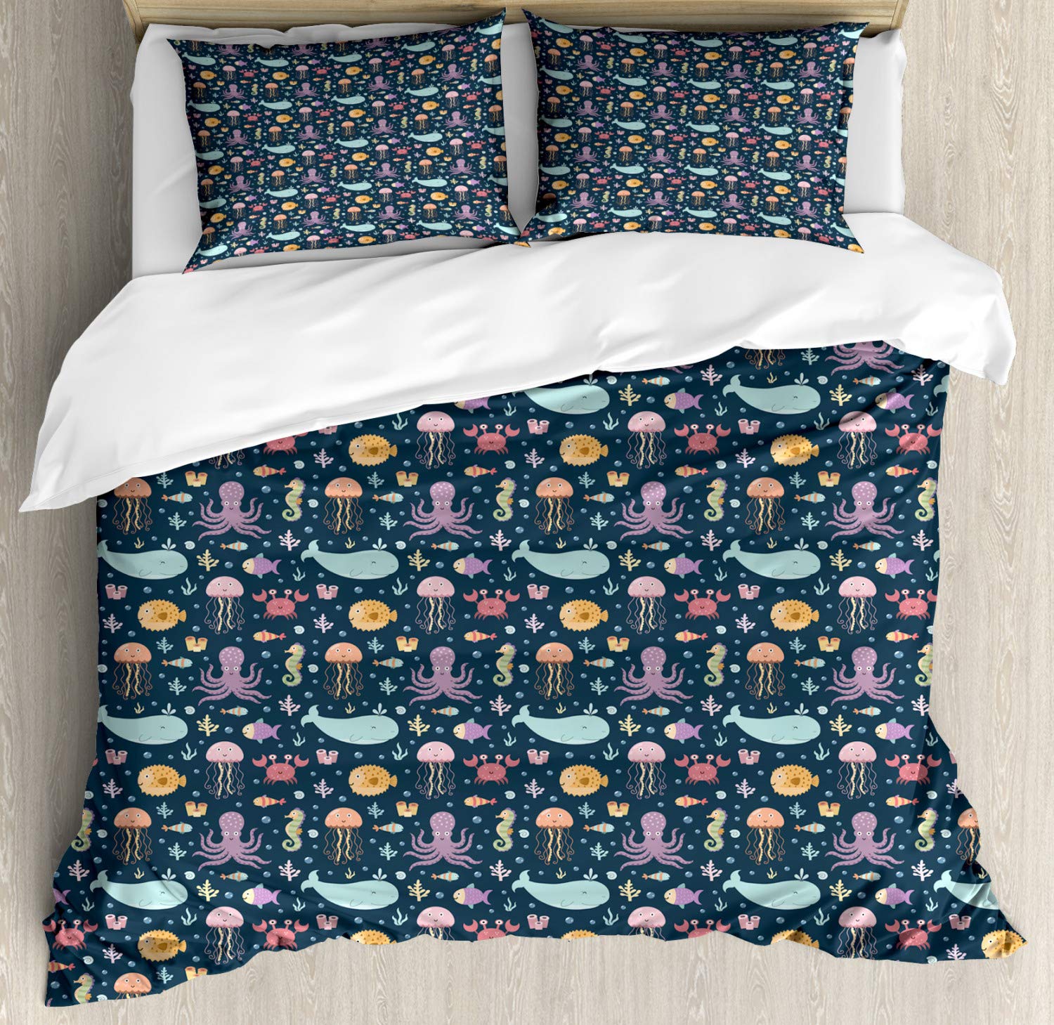 Ambesonne Cartoon Duvet Cover Set - Vibrant Jellyfish, Whale, Octopus & Crab Underwater Theme | 3-Piece King Size Bedding Set with 2 Pillow Shams | Perfect for Kids' Rooms, Beach Themed Decor & Ocean Lovers' Bedrooms