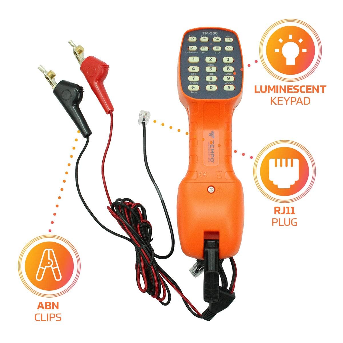 TEMPO Communications TM-500 Telephone Test Set - DSL-Compatible Lineman's Butt Set with Headset, Tone & Pulse Dialing, ABN Bed of Nails & Alligator Clips - Ideal for Telecom Technicians, Network Installers & DSL Line Testing