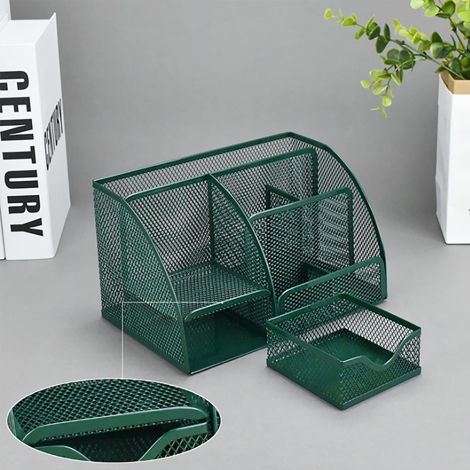 VANRA Metal Mesh Desktop Organizer with 6 Compartments & Drawer - Office & School Supplies Holder - Perfect for Pens, Pencils, Scissors & Stationery Storage (Olive Green) - Ideal for Home Office, Classroom & Workspace Organization