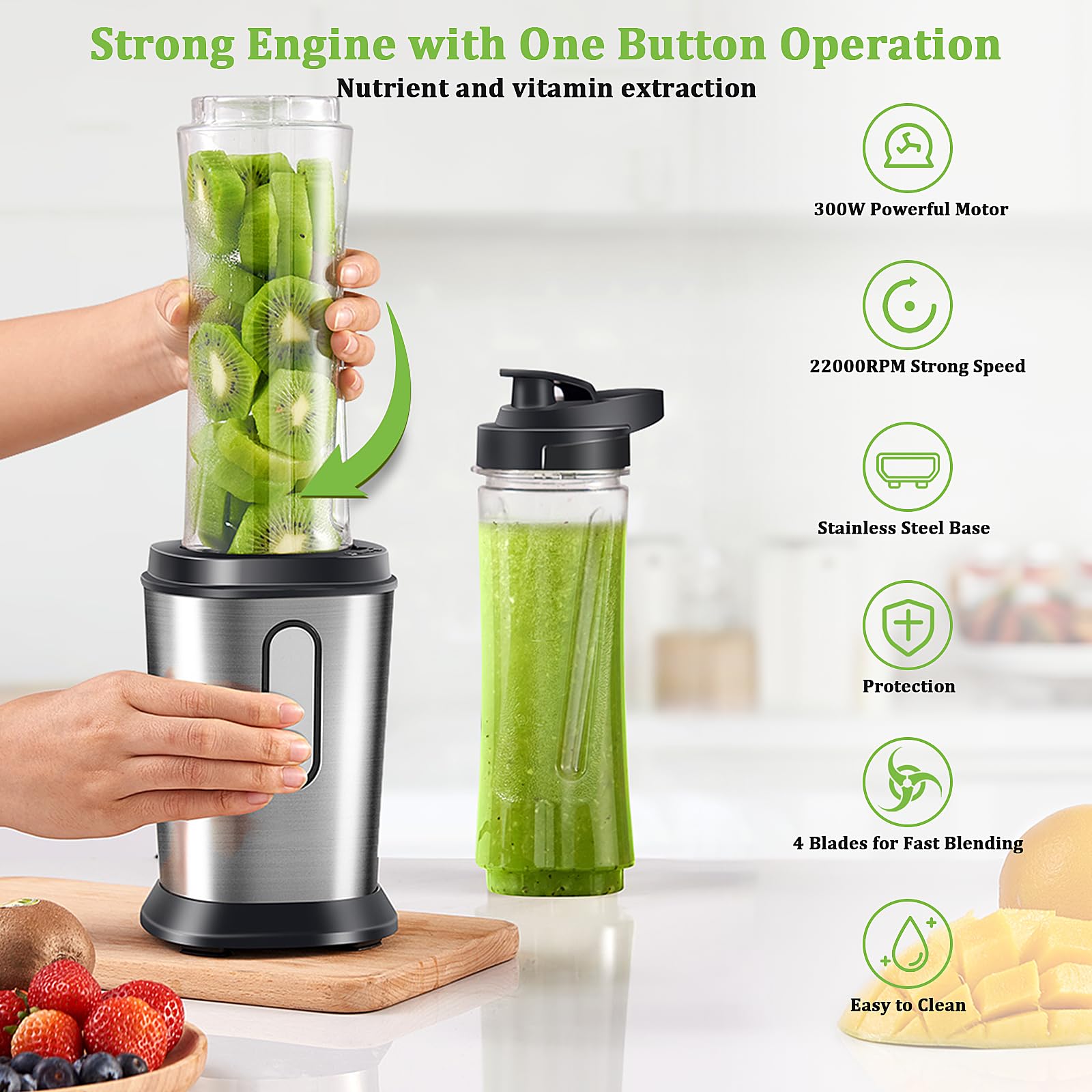 Powerful Electric Smoothie Blender with 2 Portable 20oz Tritan Bottles - BPA-Free Personal Blender with 4 Stainless Steel Blades - Perfect for Shakes, Smoothies, Protein Drinks & Meal Prep - Ideal for Home, Office & Gym Use