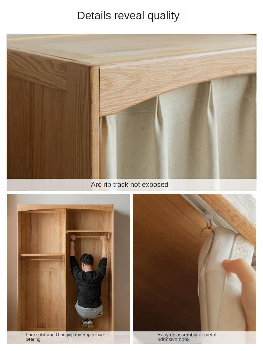 Oak Solid Wood Wardrobe with Curtain Design - Elegant Closet Storage for Bedroom, Living Room & Dorm Organization