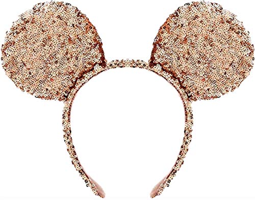 Disney Parks Exclusive Minnie & Mickey Ears Headband - Rose Gold Glitter Hairband for Women & Girls - Perfect for Theme Parks, Cosplay & Disney Parties