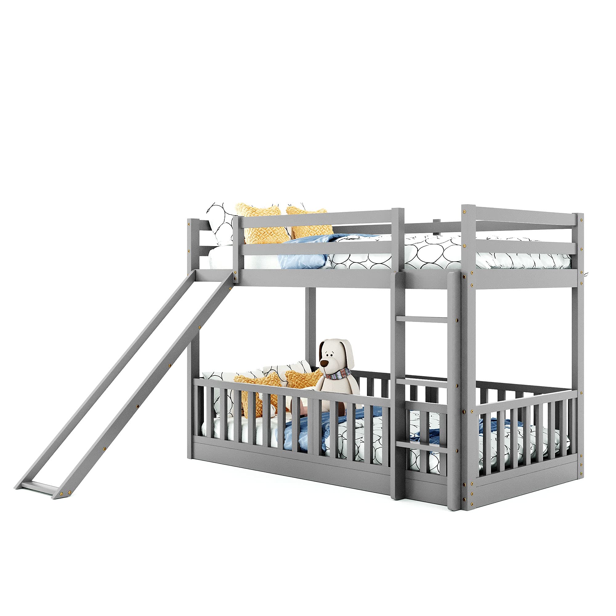 RUNNA Twin Over Twin Wood Bunk Bed with Convertible Slide & Ladder - Space Saving Kids Bunk Bed Frame with Full-Length Guardrail - Convertible to Loft Bed (Gray+Wood) - Perfect for Small Bedrooms, Shared Kids Rooms & Vacation Homes