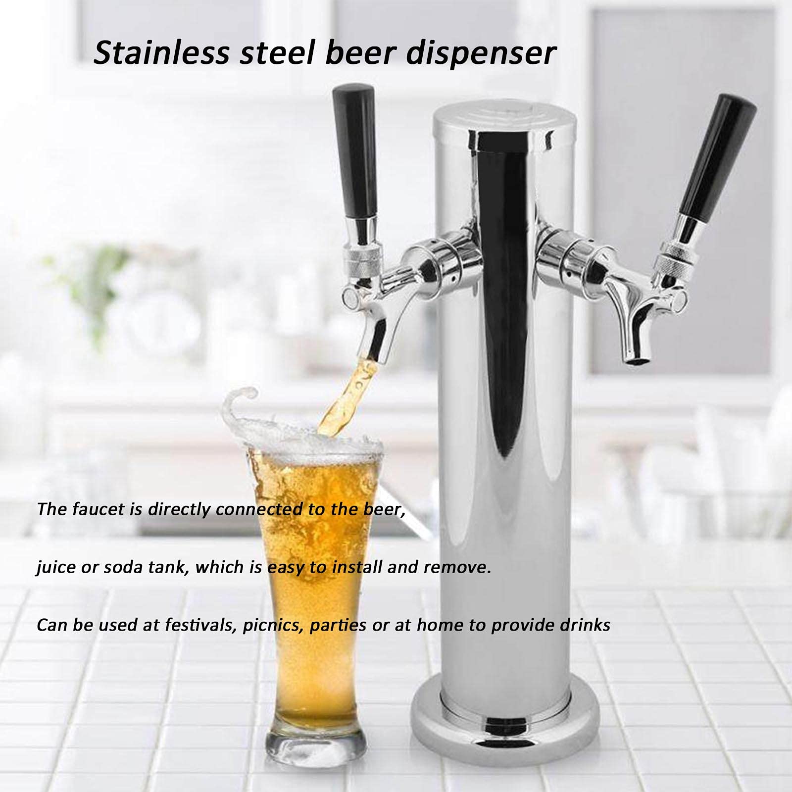 Stainless Steel Beer Dispenser - Commercial Grade Draft Beer Kegerator Tower Kit with Dual Faucet Tap, 2 Hose Beer Tower System for Home Bars, Pubs & Parties | Perfect for Serving Beer, Soda & Cold Beverages