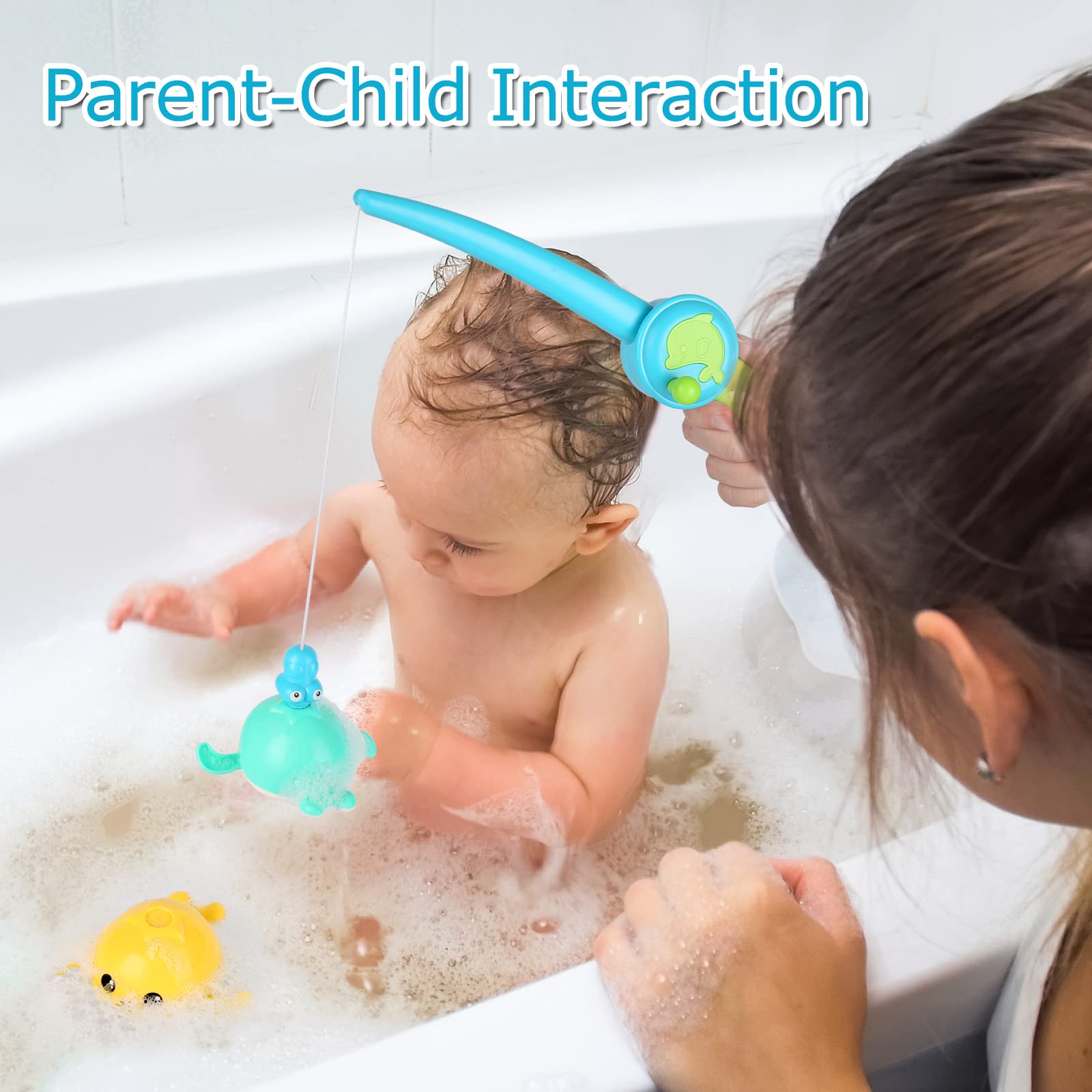 KINDIARY Magnetic Fishing Game for Kids - Baby Bath Toys with Wind-Up Swimming Whales, Fun Educational Pool Toys for Toddlers (Blue/Yellow) - Perfect for Bath Time, Pool Parties & Early Learning Activities