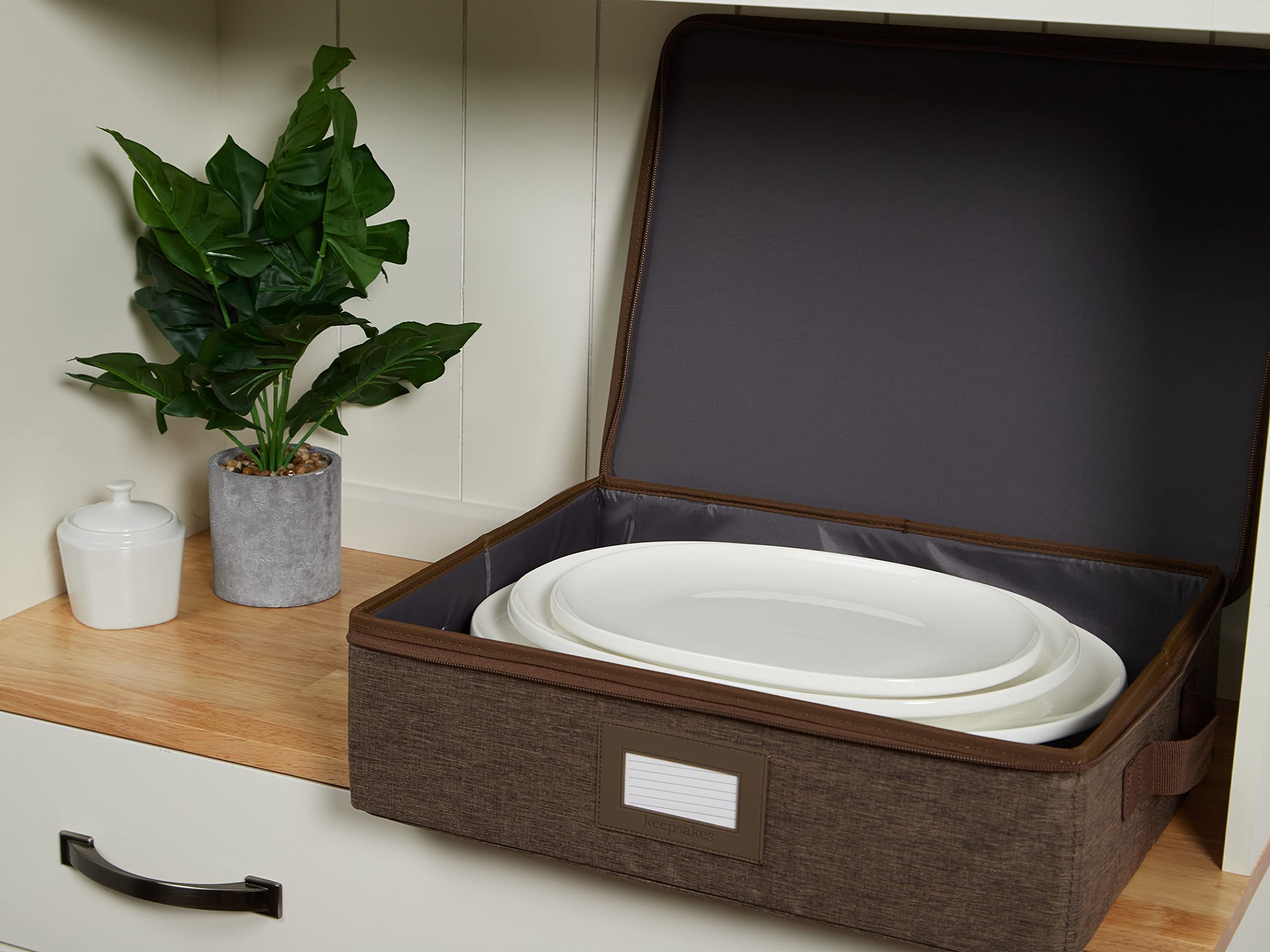 Covermates Keepsakes Dish Storage Box – Stackable Organizer with Reinforced Handles for China, Dinnerware & Collectibles – Durable Brown Heather Design – Perfect for Kitchen, Dining Room & Holiday Storage