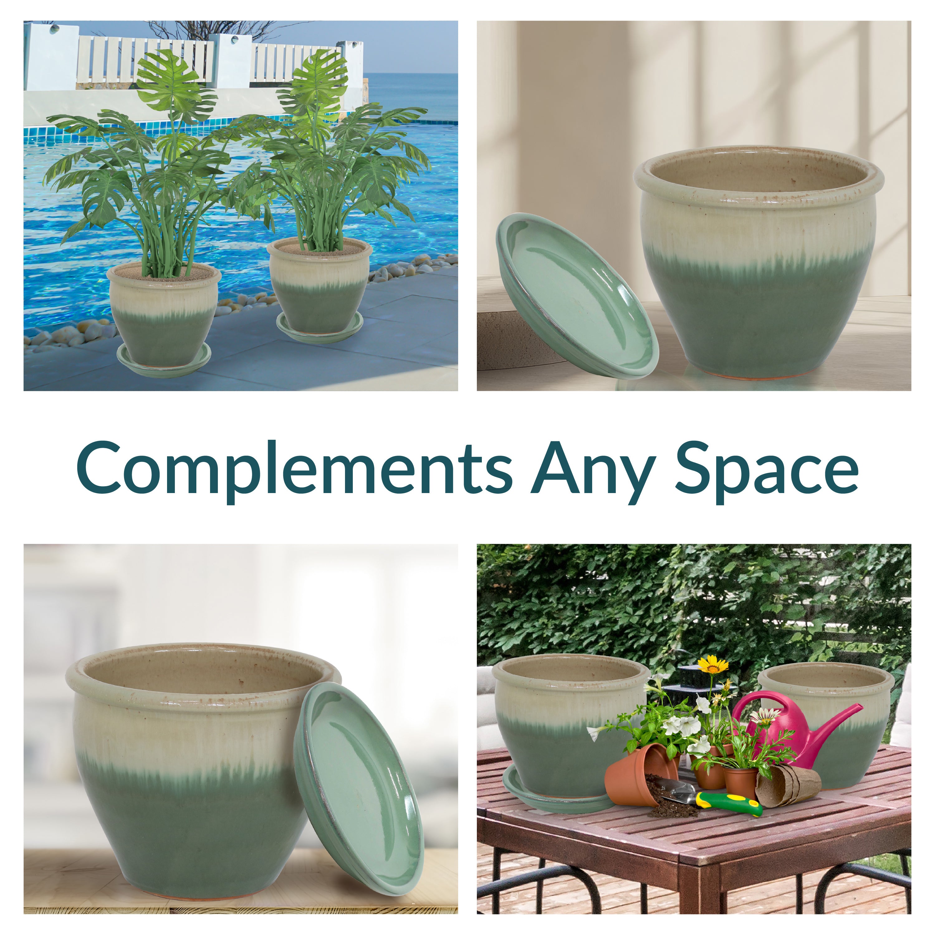 Sunnydaze 2-Pack Glazed Ceramic Plant Pots with Saucers - Indoor/Outdoor Decorative Flower Planters for Home, Garden, and Patio