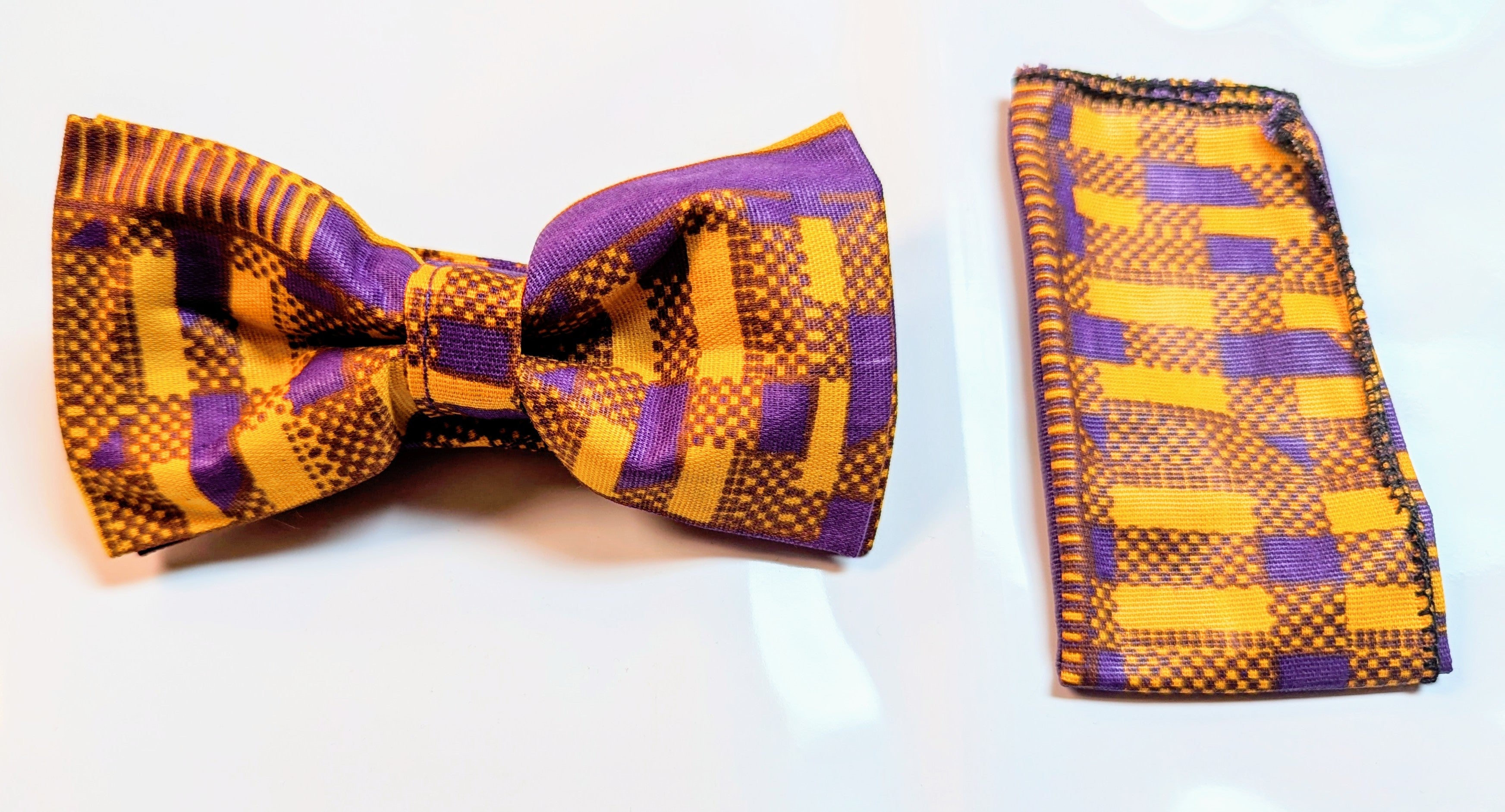 Dupsie's Ato Purple and Gold African Kente Print Bow Tie DP252B for Weddings, Parties & Cultural Events - Handmade Premium Fabric Accessory for Men