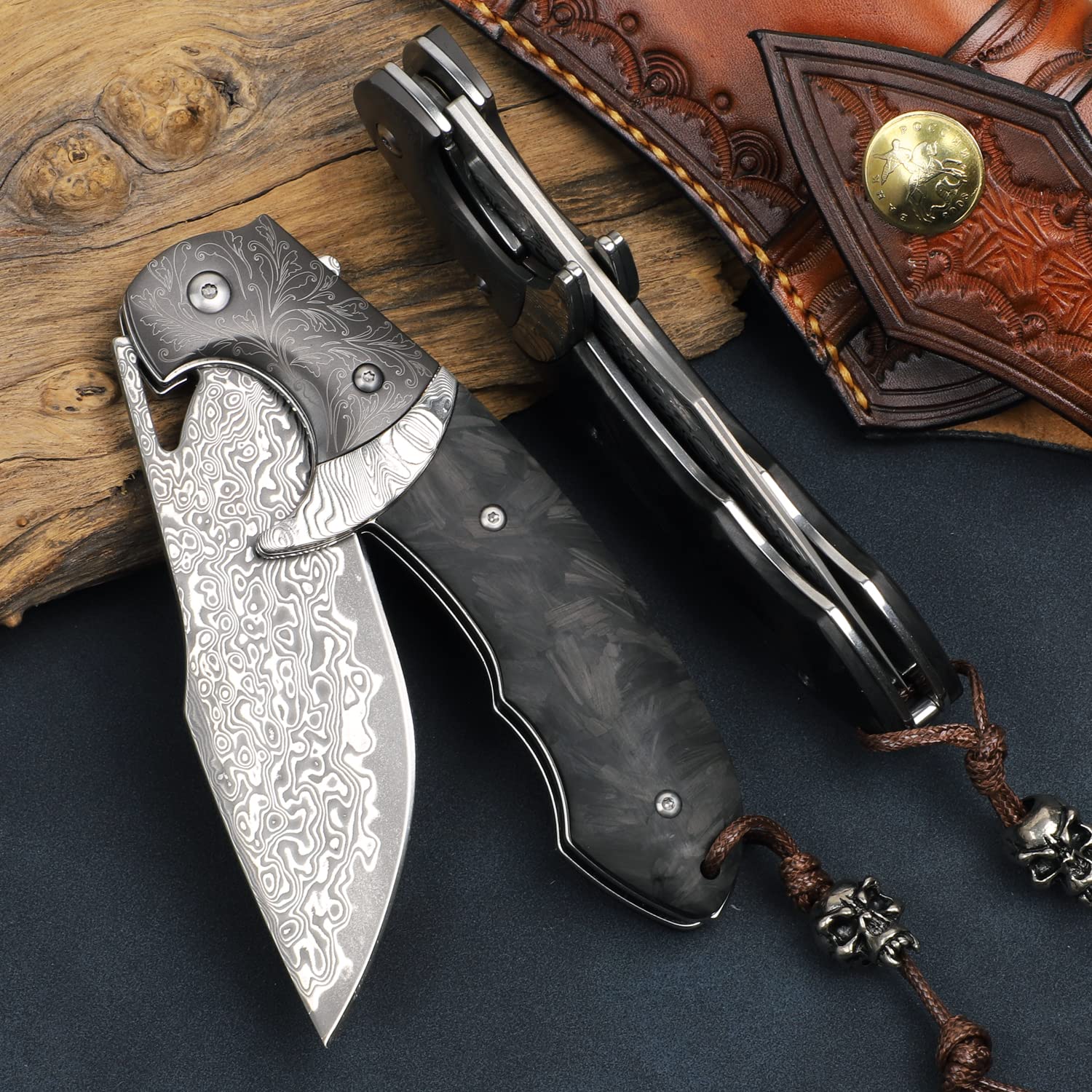 Premium Handmade Damascus Steel Folding Knife with Leather Case - 3.8 Inch VG10 Steel Core Blade, Steel Ball Bearings & Carbon Fiber Handle - Tactical Pocket Knife for Hiking, Camping, Outdoor Survival & Everyday Carry (EDC)