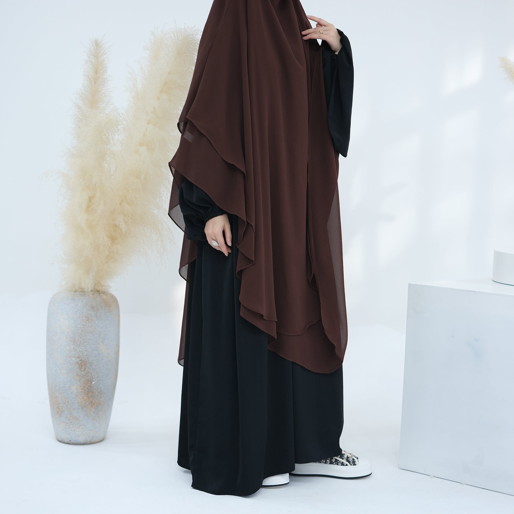 2 Layer Maxi Chiffon Khimar Scarf - Elegant Coffee Color Muslim Prayer Hijab for Women, Perfect for Daily Wear, Prayer, and Special Occasions