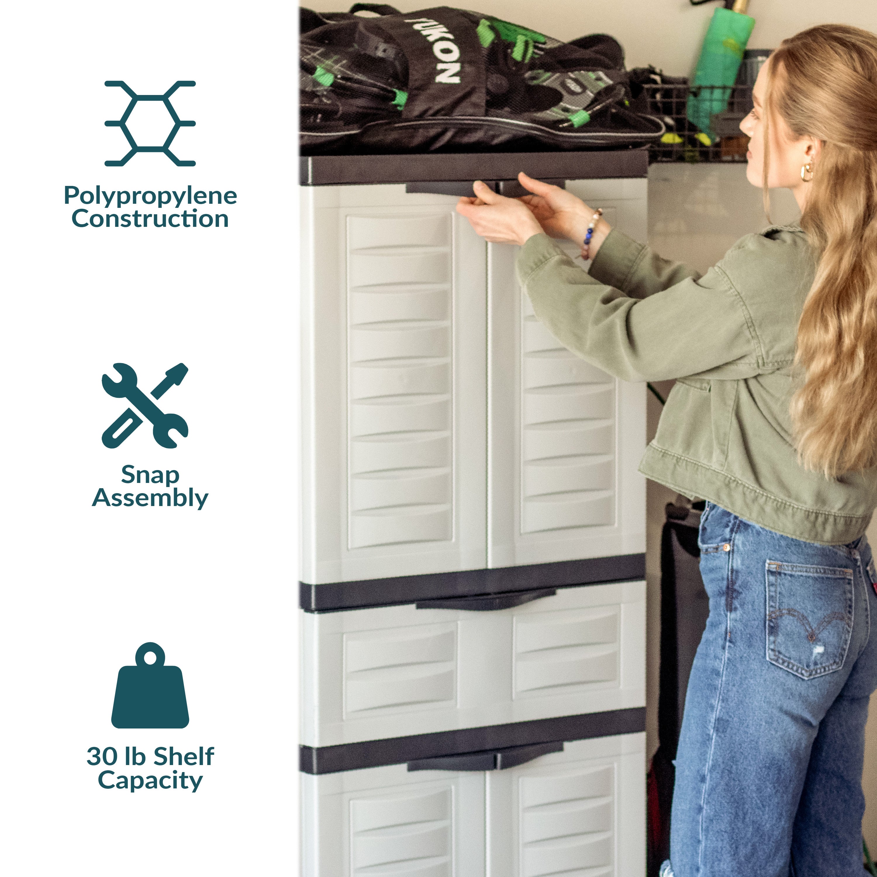 Durable Plastic Garage Storage Cabinet with 2 Adjustable Shelves - Heavy Duty Utility Organizer for Tools, Gardening Supplies & Home Organization
