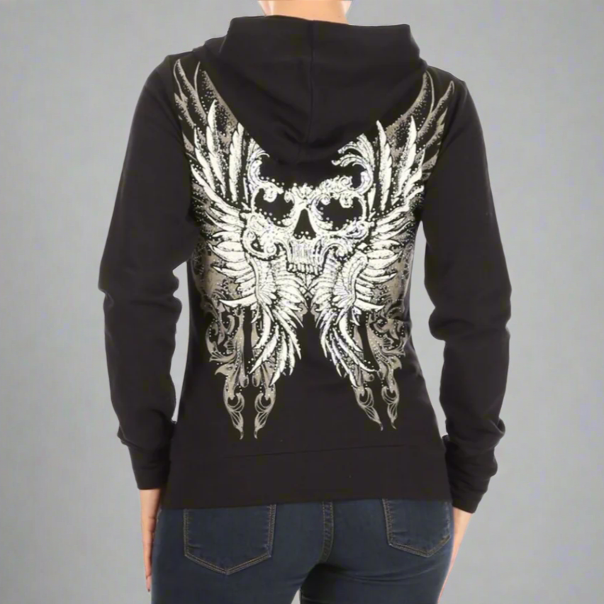 Gothic Women's Rhinestone Skull Wing Hoodie - Edgy Gothic Fashion for Women | Perfect for Halloween, Concerts & Streetwear Outfits