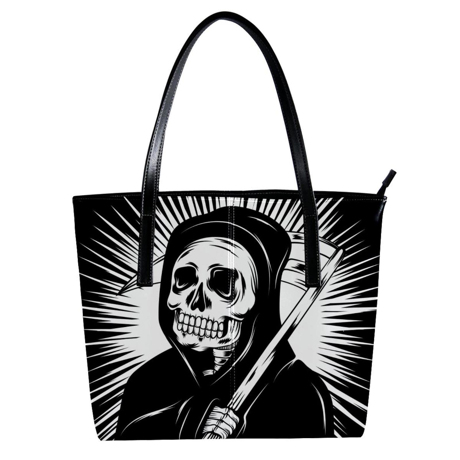 Stylish Black & White Japanese Skull Print Leather Tote Bag for Women - Large Capacity Shoulder Purse for School, Work & Travel
