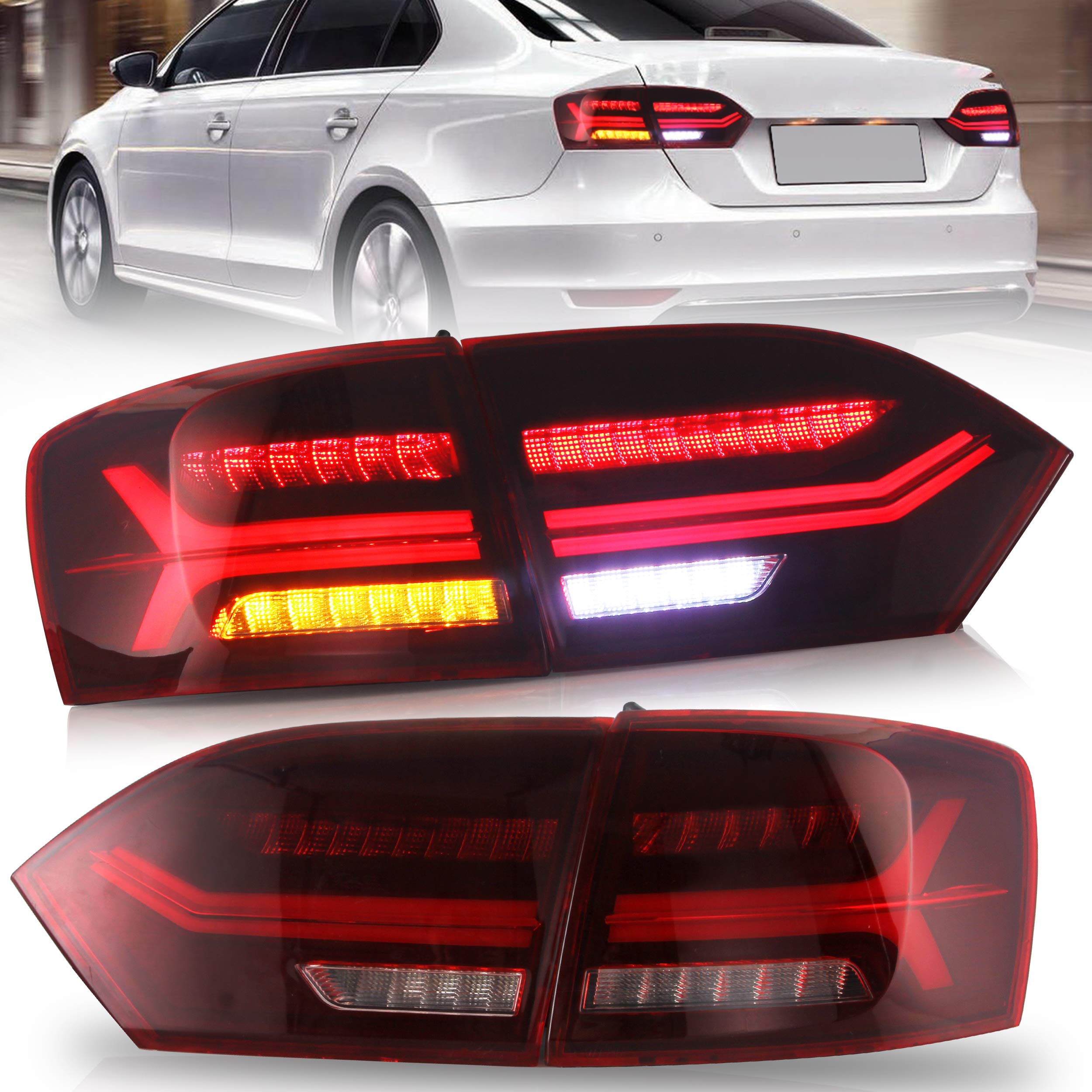 VLAND LED Tail Lights for 2011-2014 Volkswagen Jetta 6th Generation - Plug & Play Direct Replacement - Red & White Lens - Not Compatible with LED Models | Upgrade Your Jetta's Style & Night Visibility