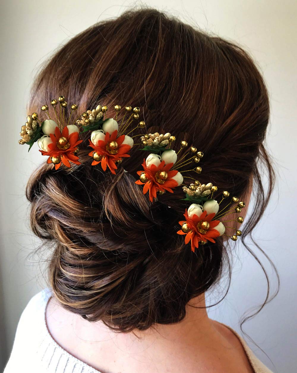 4-Pack Orange Floral Beaded Hair Pins for Women & Girls - Elegant Bridal Hair Accessories with Artificial Flowers & Beads (2144 Orange) - Perfect for Weddings, Parties & Special Occasions