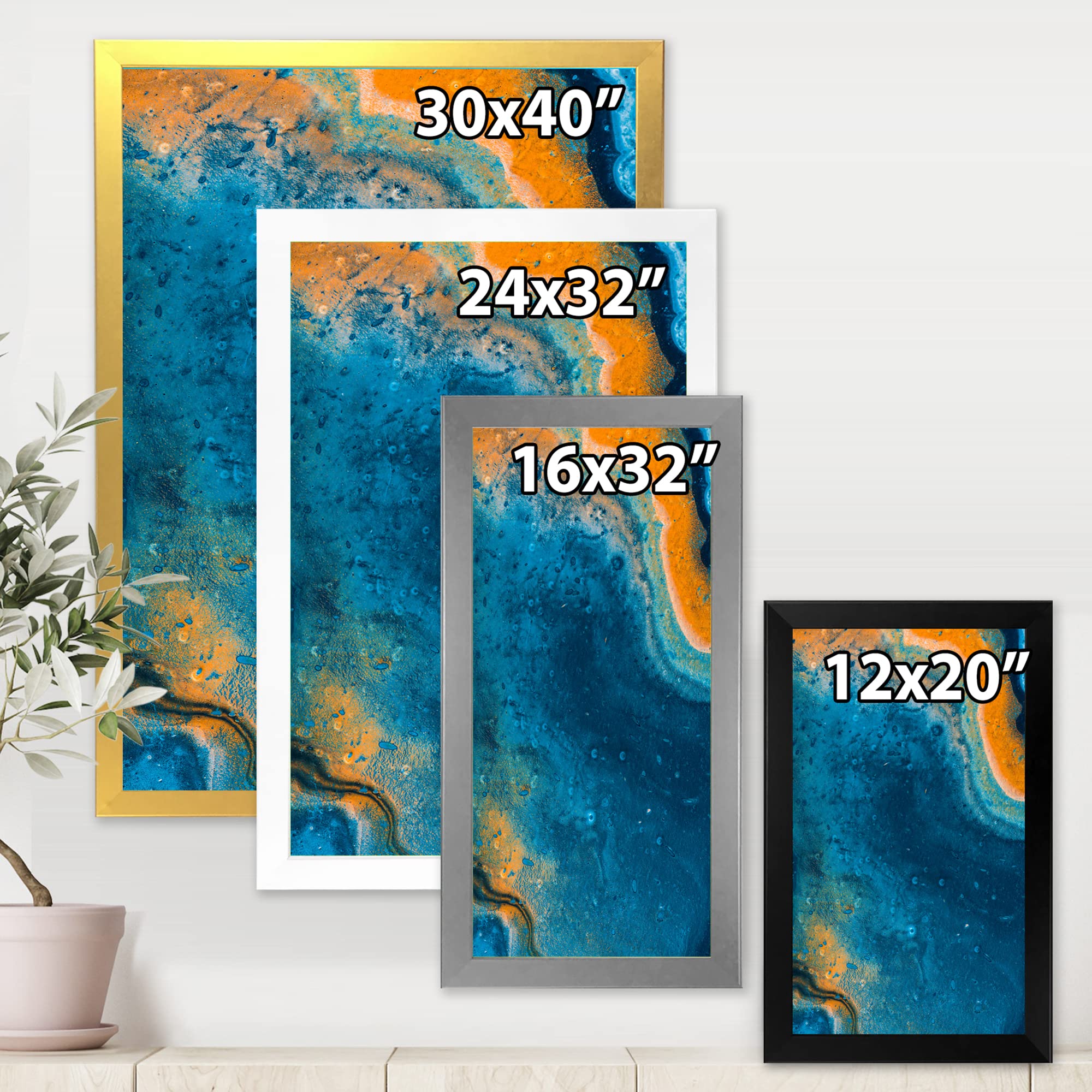 Abstract Marble Composition Wall Art in Blue & Orange - Modern Framed Canvas Painting for Living Room, Bedroom & Office Decor
