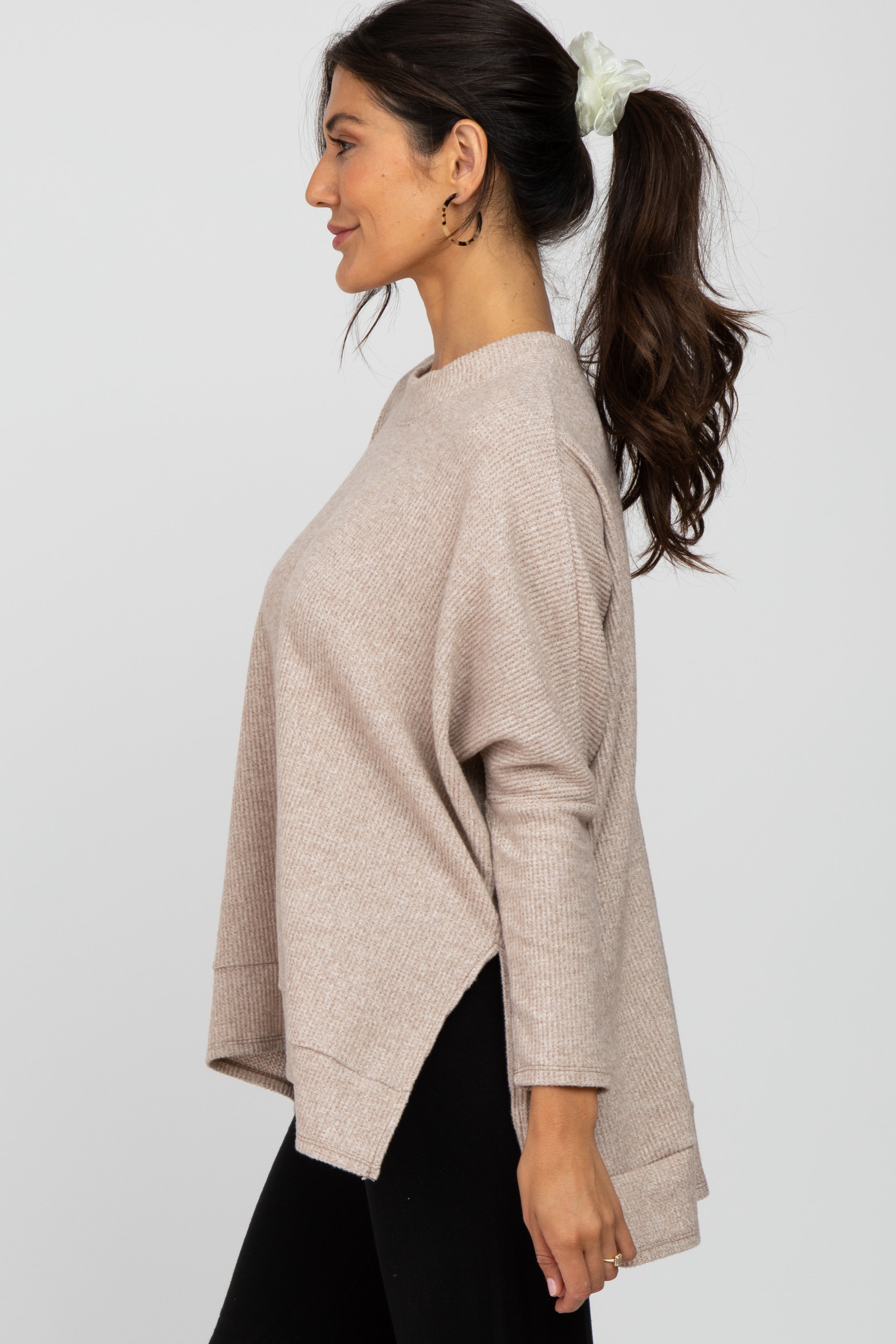 Beige Soft Knit Long Sleeve T-Shirt for Women - Comfortable Stretchy Casual Blouse for Everyday Wear | Perfect for Office, Date Night & Weekend Outfits