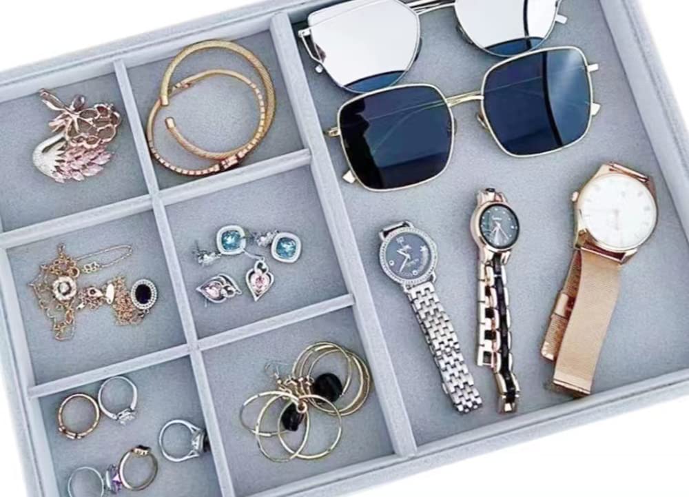 Premium Velvet Grey Jewelry Organizer Trays - Stackable Drawer Insert Divider for Rings & Accessories | Jewelry Storage Solution for Bedroom Dresser, Vanity Table & Travel Case