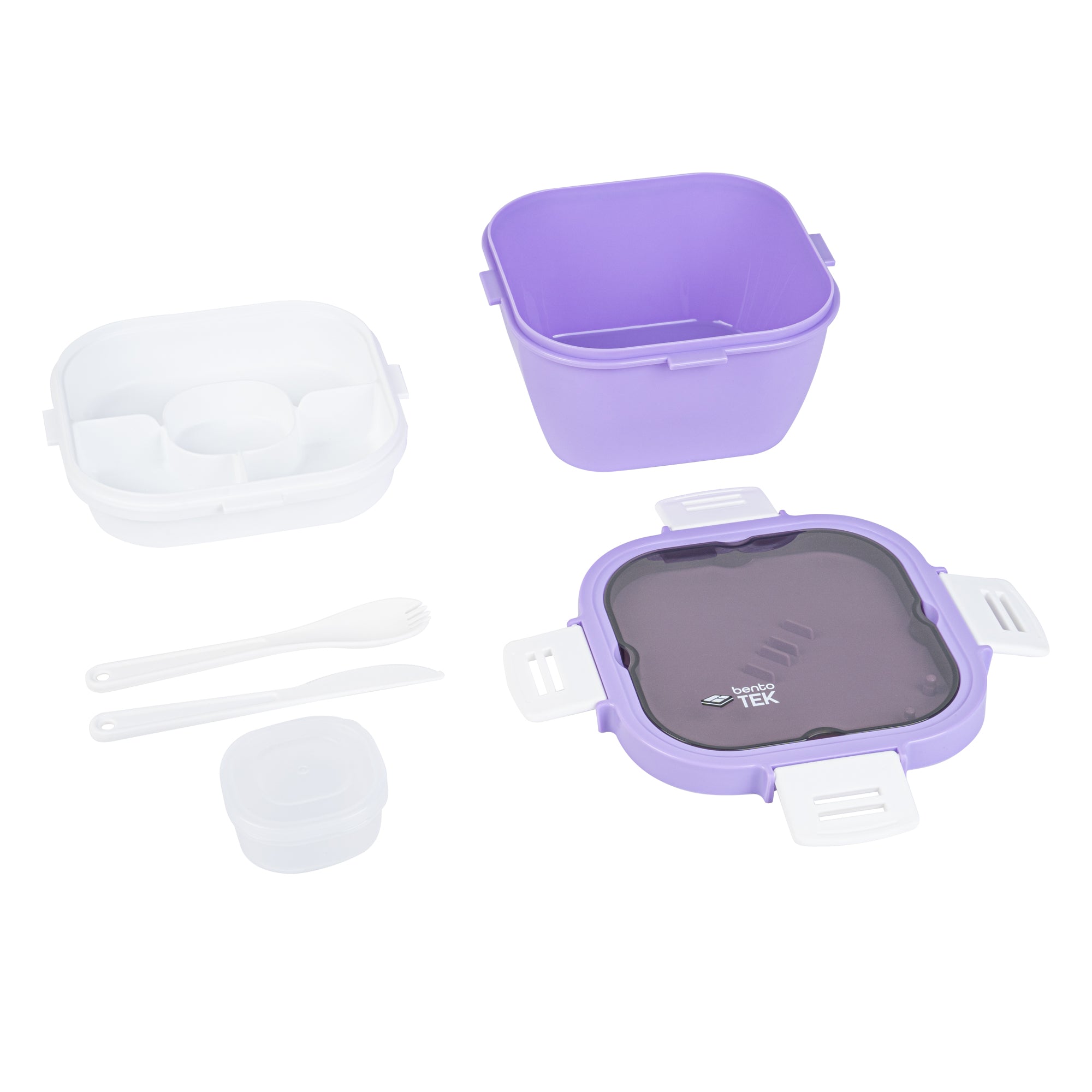 Bento Tek 58 oz Purple & White BPA Free Lunch Box with Fork & Knife - Microwave Safe, Leak Proof Food Container (7.25
