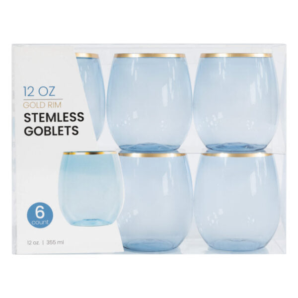 12 oz. Blue Stemless Wine Glasses with Gold Rim - Set of 6 | Shatterproof & Elegant for Parties, Weddings, and Home Entertaining