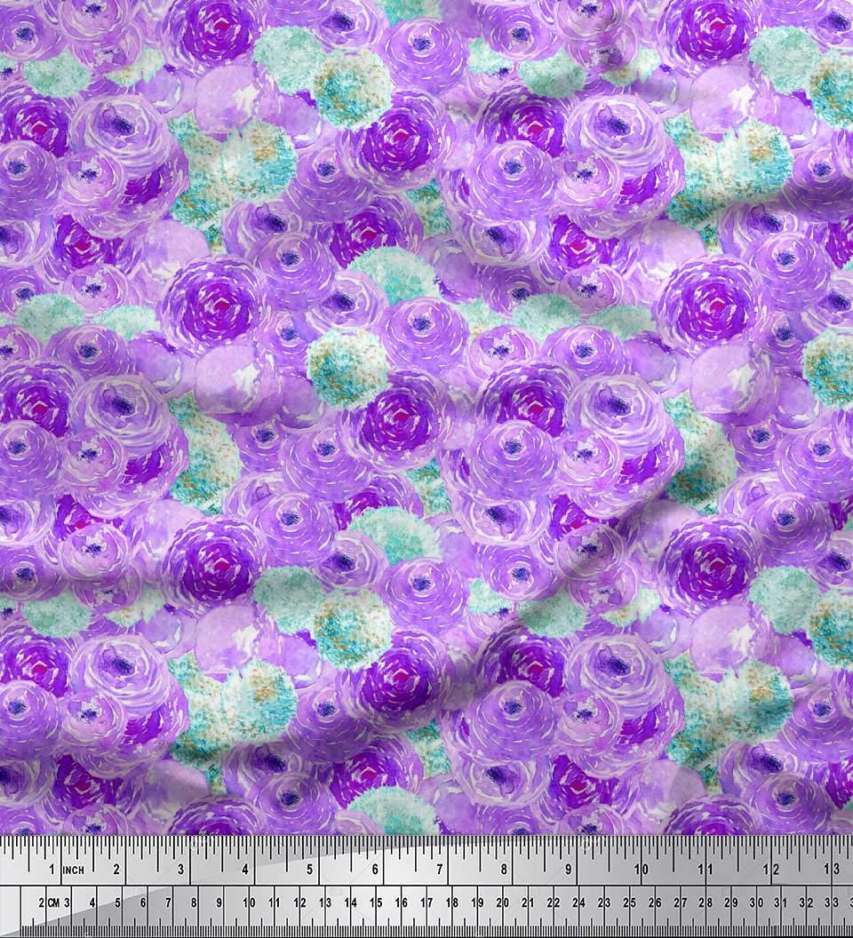 Soimoi 42 Inch Wide Purple Crepe Silk Fabric - Watercolor Flower Printed Craft Fabric by The Yard for DIY Dresses, Scarves & Home Decor Projects
