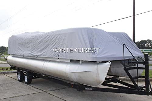 **28 FT VORTEX Ultra 5-Year Heavy-Duty Canvas Pontoon Boat Cover – Elastic Hem & Adjustable Strap System – Fits 27'1
