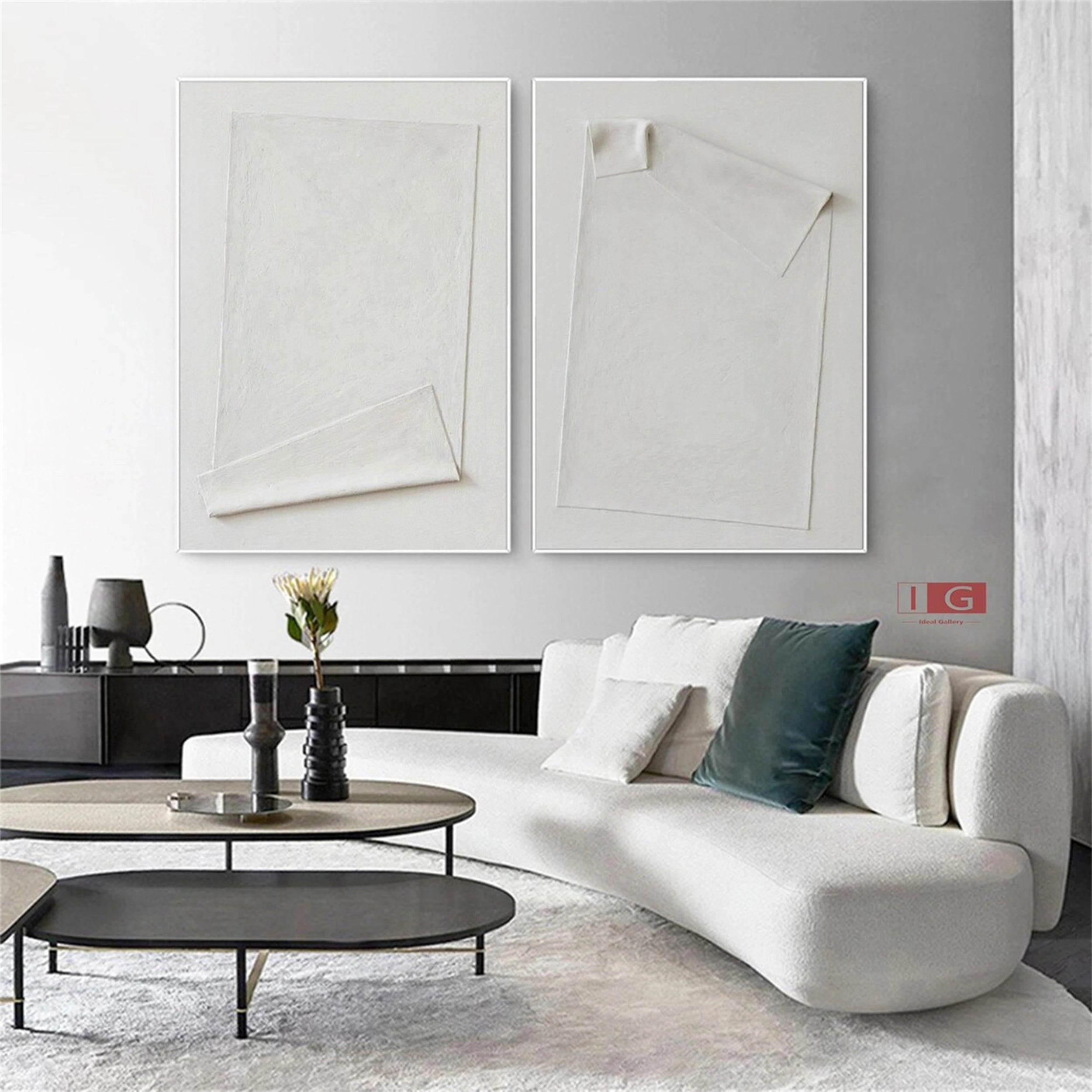 Minimalist White Textured Canvas Paintings Set of 2 - Modern Abstract Wall Art for Living Room & Bedroom Decor #MM145