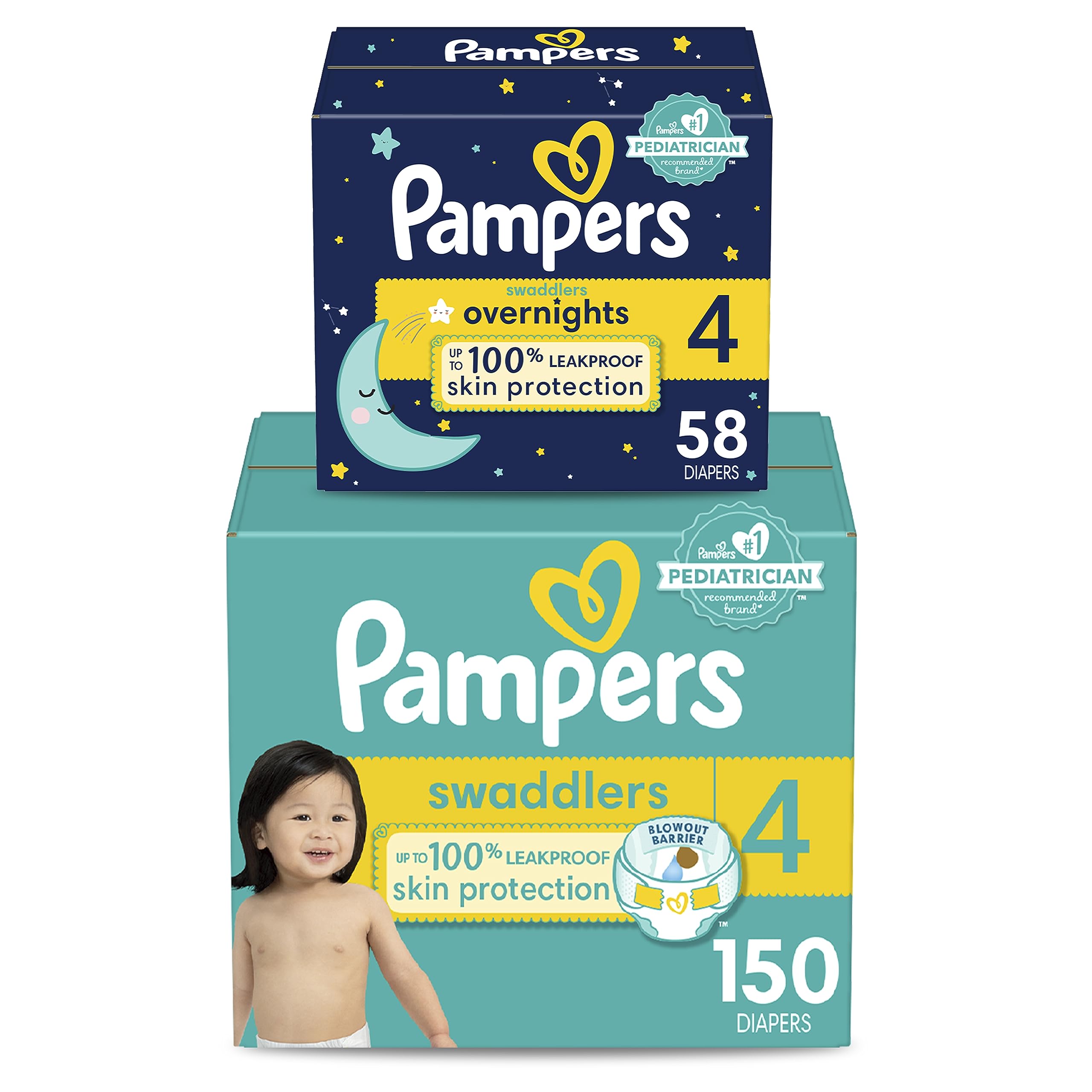 Pampers Swaddlers Size 4 Disposable Diapers - 150 Daytime & 58 Overnight Diapers (208 Total) | Ultra Absorbent Baby Diapers for Sensitive Skin | Perfect for Daycare, Travel & Nighttime Protection