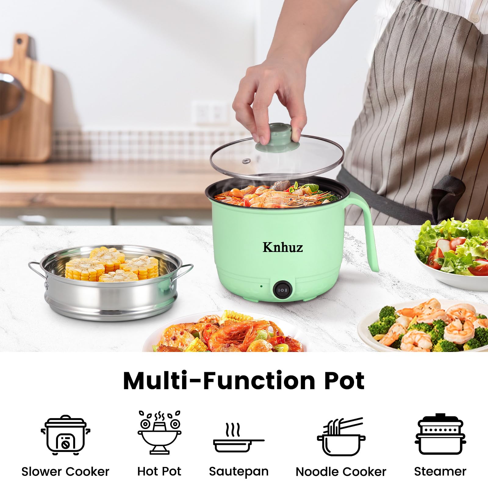 1.8L Mini Electric Hot Pot with Steamer - Fast Ramen Noodle Cooker, Portable Self-Heating Pot for Cooking Noodles, Oatmeal & Pasta | Perfect for Dorm, Office & Travel | Non-Stick Green Shabu Shabu Hot Pot