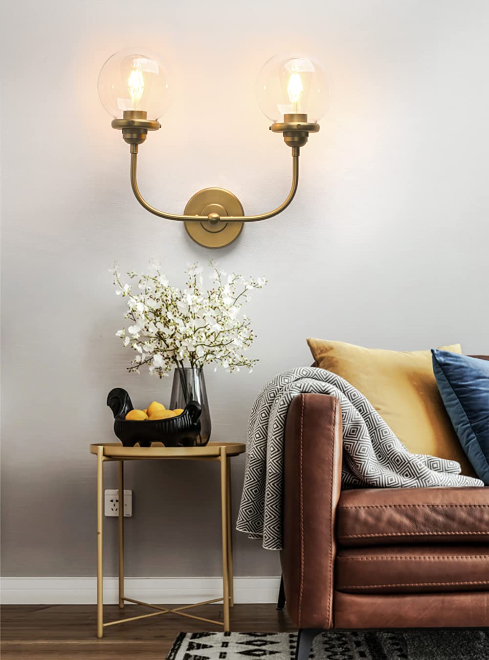 PERMO Modern Double Sconce Light - Antique Brass 2-Light Wall Sconce with 5.9