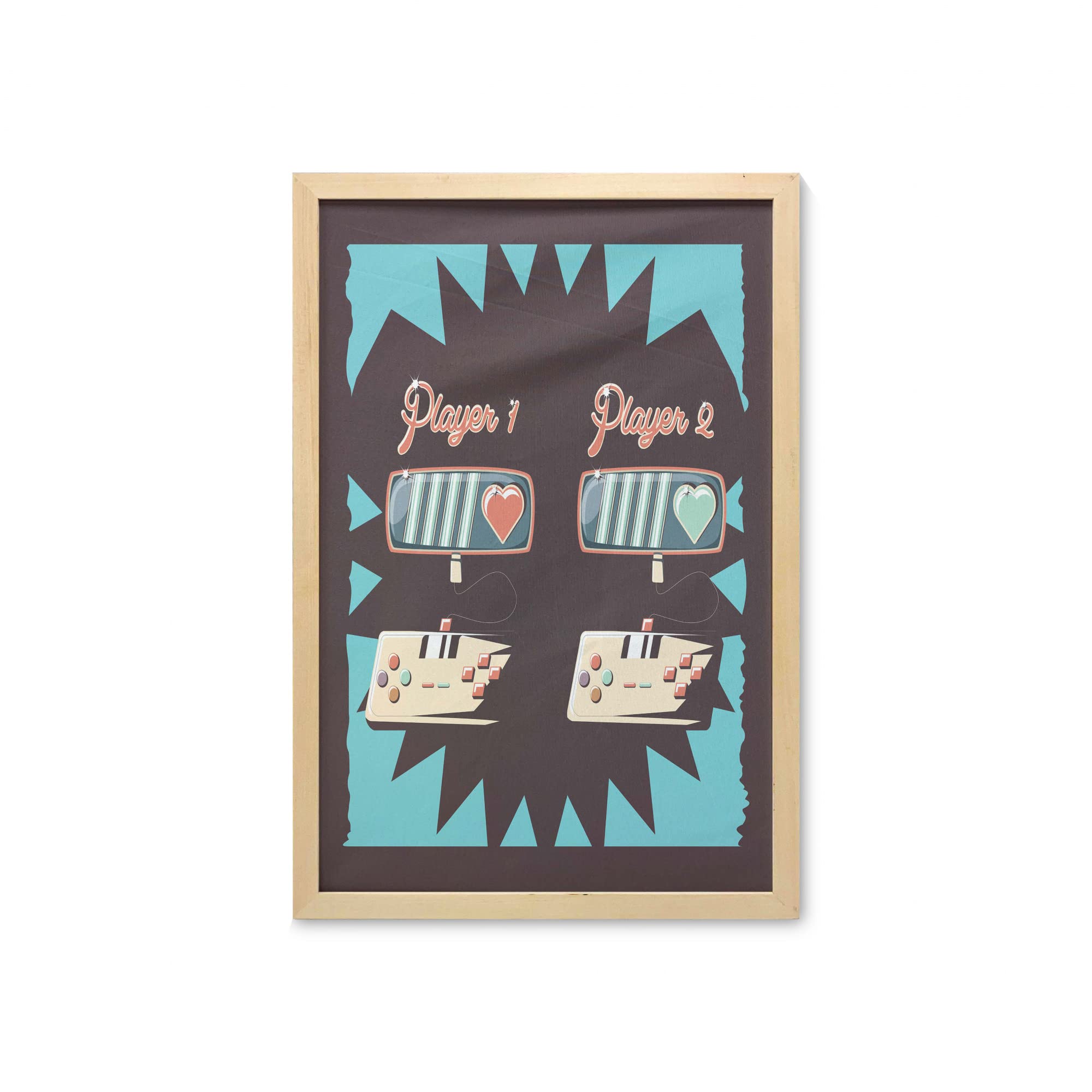Ambesonne Vintage Gameboy Wall Art - Framed Printed Fabric Poster 23x35 Inches, Seafoam & Burnt Sienna - Retro Gaming Decor for Living Room, Bedroom, Dorm, Office & Game Room