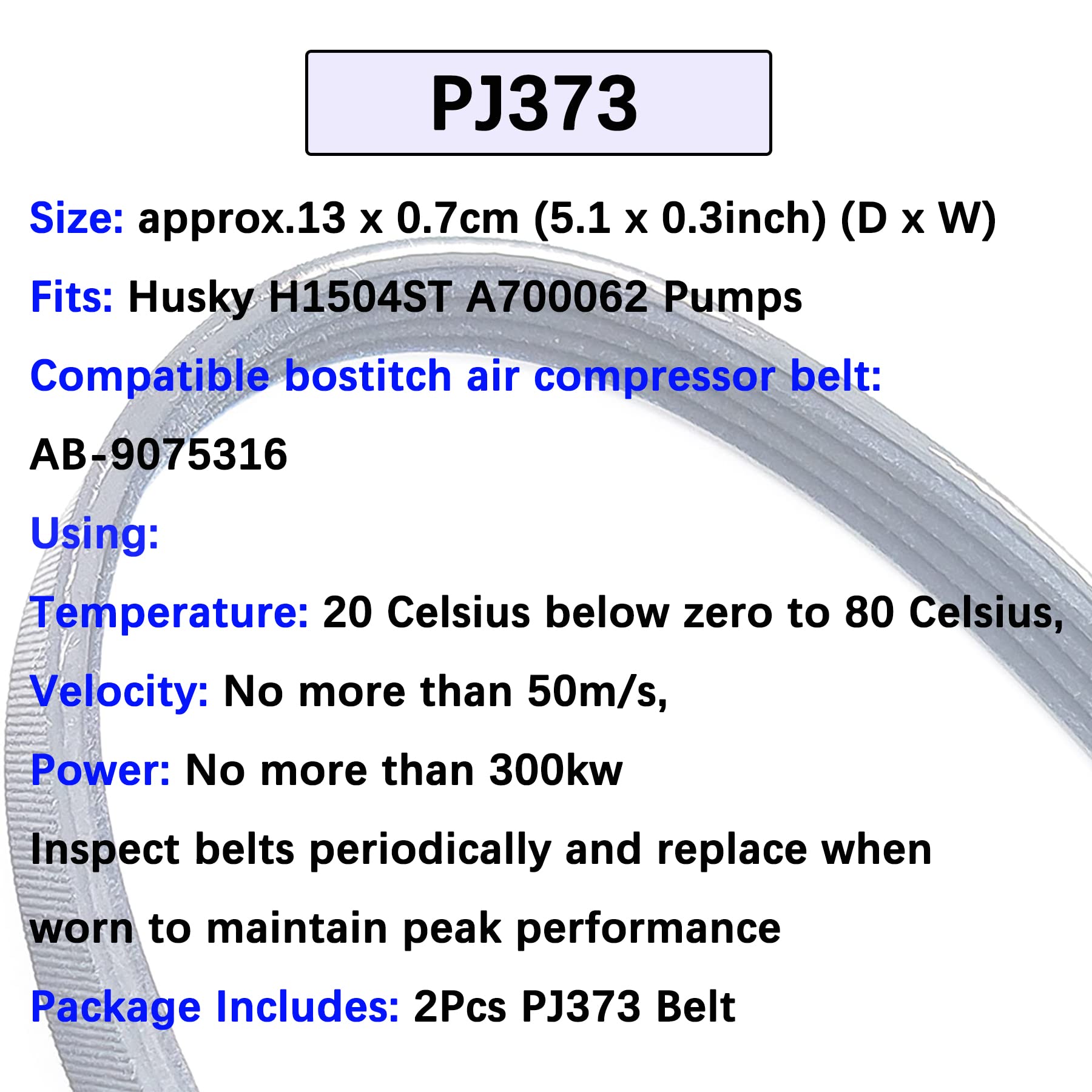 Husky H1504ST A700062 Air Compressor Replacement Belt - 2 Pack - Durable PJ373 Belt for Air Compressor Pumps - Perfect for Home Garage, Workshop & Industrial Use