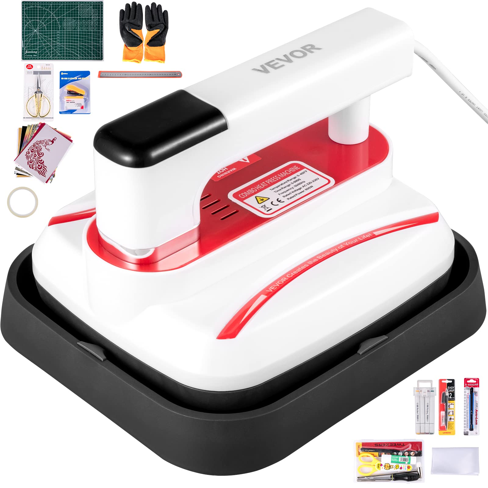 VEVOR 7x8 Inch Portable Heat Press Machine - Mini Easy Press for T-Shirts, Bags & Small HTV Vinyl Projects with Complete Tool Carrying Case (Red) | Perfect for DIY Crafts, Home Use & Small Business Custom Apparel Projects