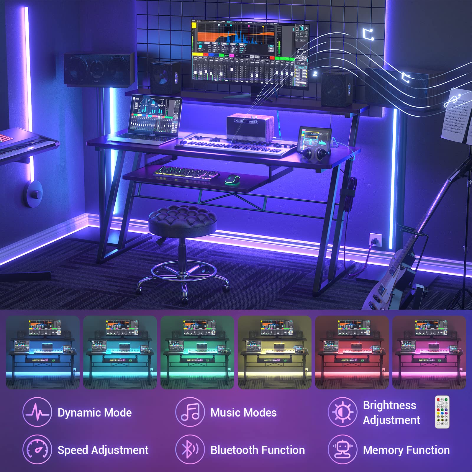 Armocity Music Studio Desk with Power Outlets & RGB LED Lights - Professional Recording Studio Workstation for Music Producers, DJs & Home Studios - Matte Black Design for Home & Professional Music Production Spaces