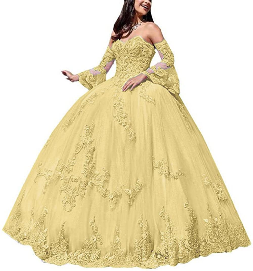 Emmani Women's Sweetheart Neckline Long Sleeve Quinceanera Dress with Lace Appliques & Beading - Light Yellow Ball Gown for Prom, Homecoming, Wedding Guest & Special Occasions