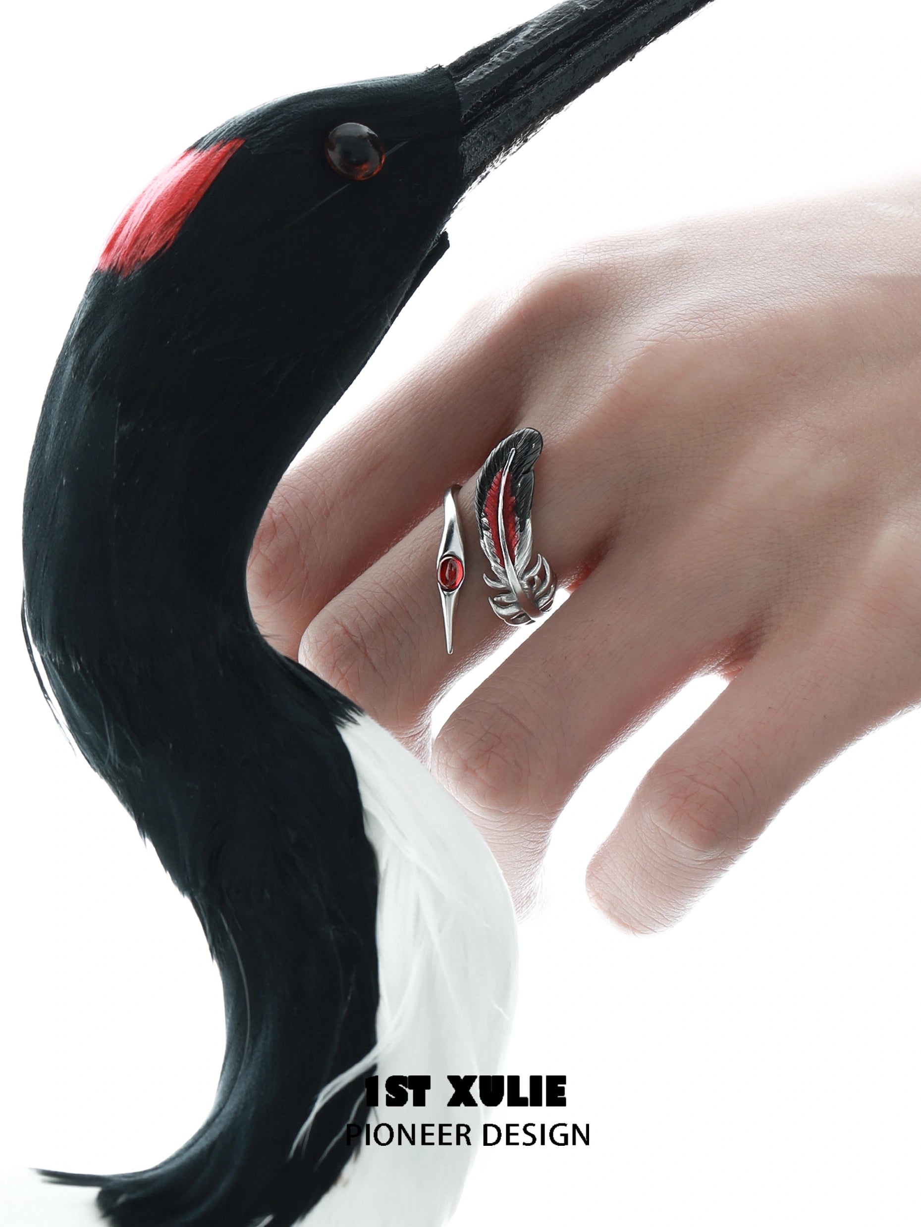 Soaring Cranes S925 Sterling Silver Adjustable Red Feather Rings for Women - Elegant Boho Jewelry Gift for Birthday, Anniversary & Special Occasions | Handmade Adjustable Feather Ring for Everyday Wear & Festival Outfits