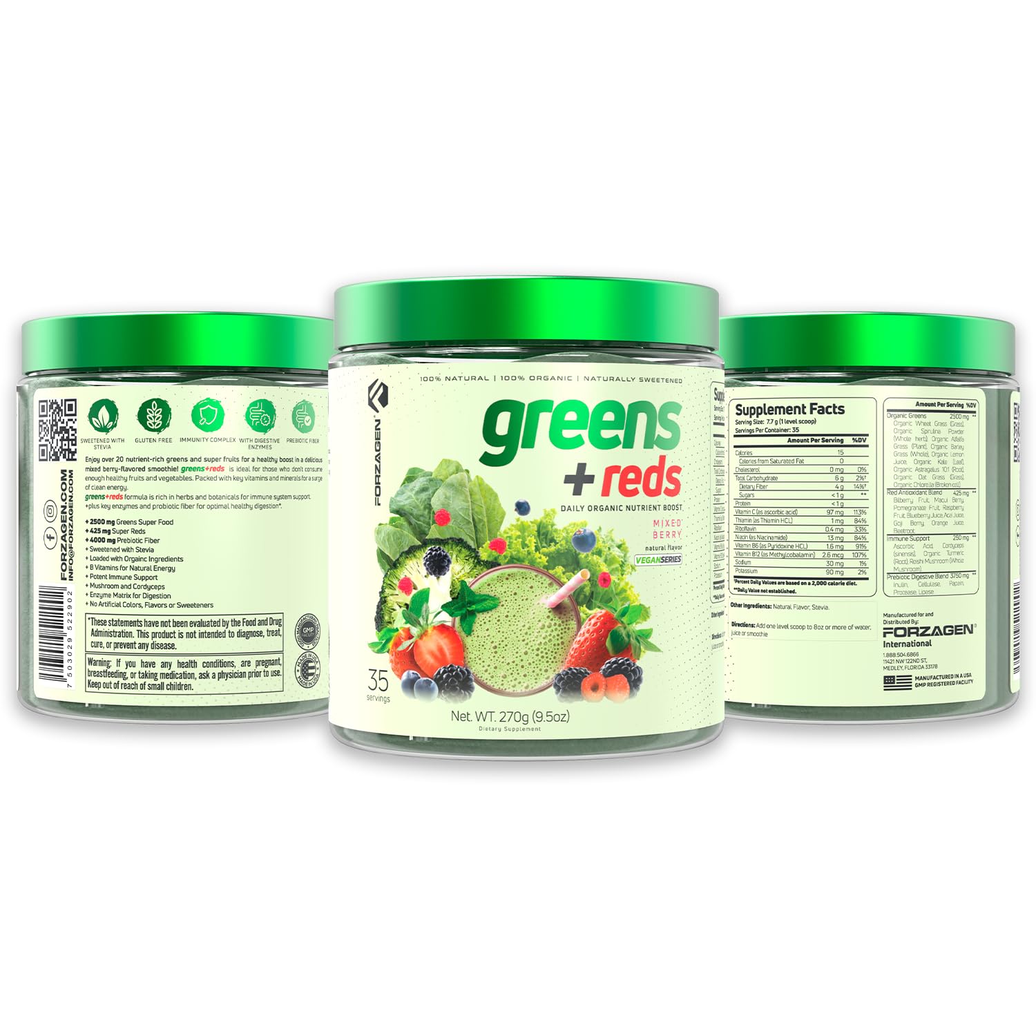 Forzagen Vegan Greens & Reds Superfood Powder - Organic Plant-Based Superfood Blend | Premium Vegan Greens & Reds Supplement with 35 Servings | Boost Energy & Immunity for Active Lifestyles